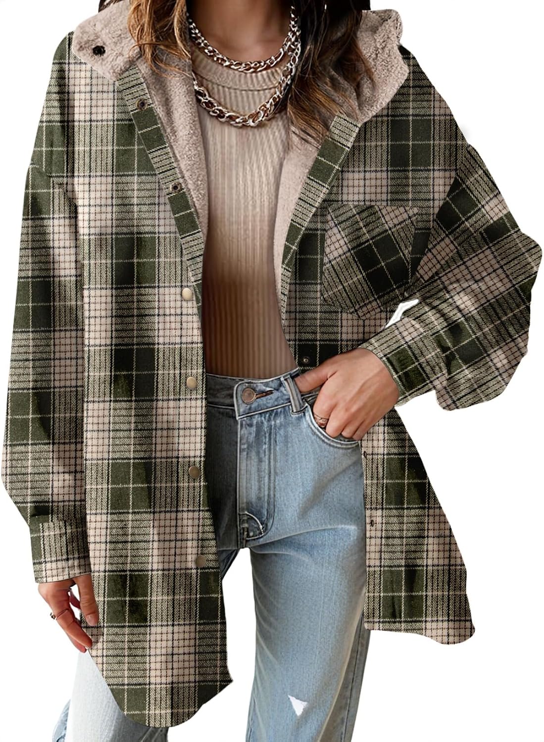 Detalle 2 de Dokotoo 2025 Flannel Hooded Plaid Shacket — Fleece Jacket