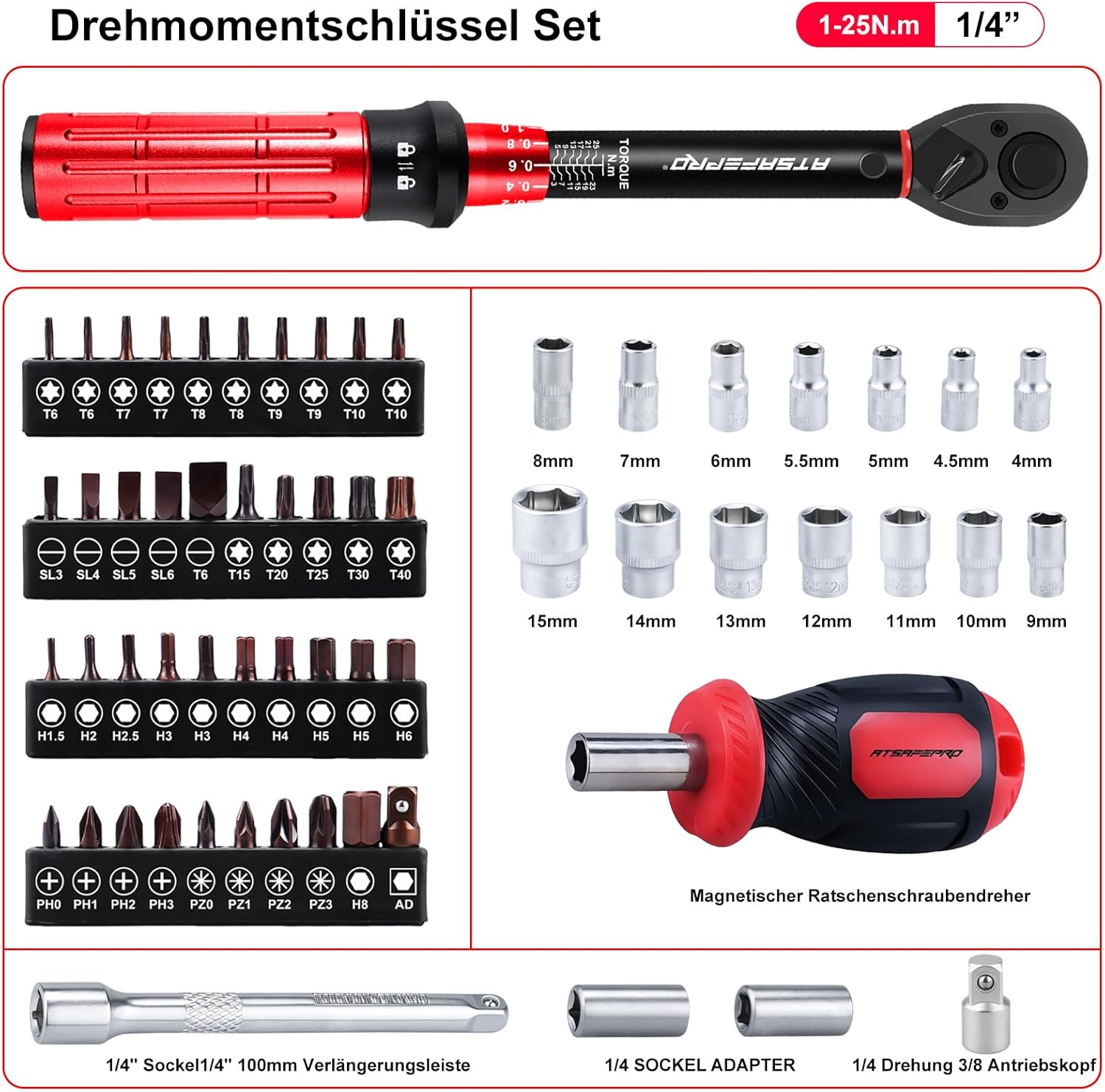 Thumbnail 1 de ATsafepro 1/4" Drehmomentschlüssel fürs Fahrrad (3–25 Nm) mit Bits, magnetischer Ratsche und Verlängerung