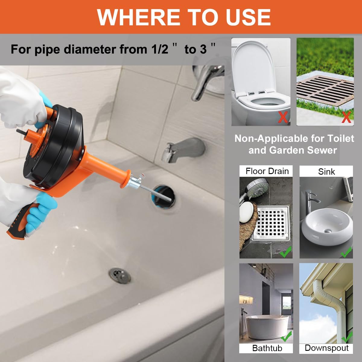 Detalle de BACEYIOU 25-Foot Drain Auger with Drill Adapter, ABS Drum and Steel Cable