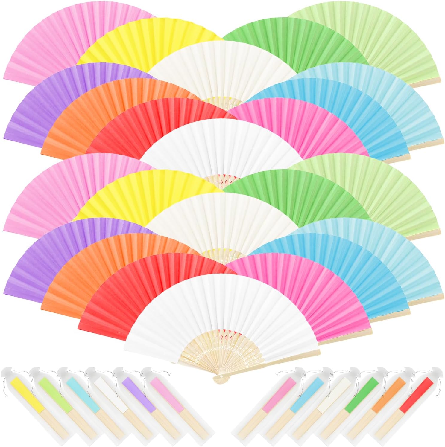 Detalle de iZoeL 24 Pack Folding Hand Fans: Paper & Bamboo, 12 Colours – Ideal for Weddings, Parties and DIY