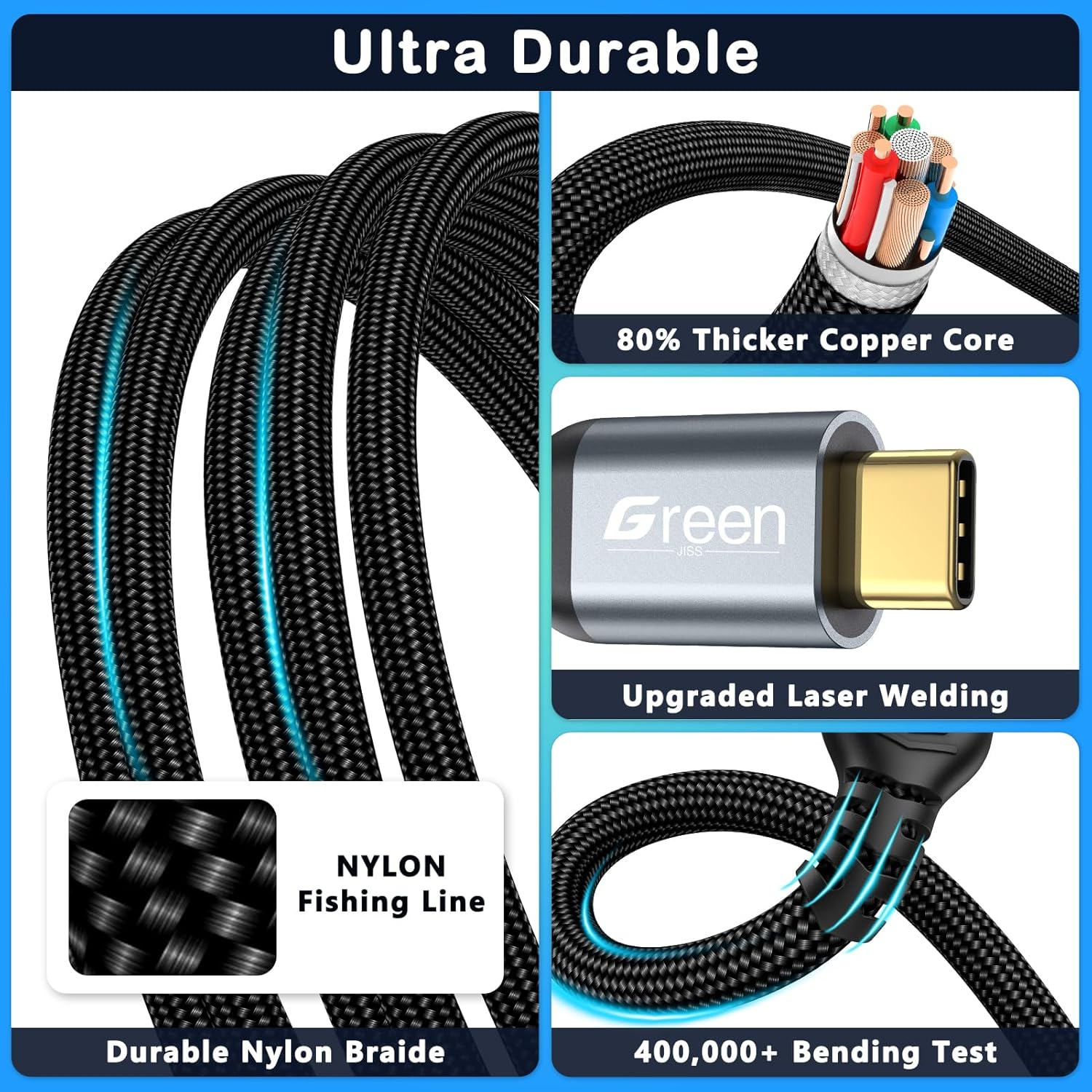 Thumbnail 2 de Green Jiss USB-C Extension Cable 10ft (20Gbps, 4K@60Hz, 240W PD) — Male to Female USB3.2 Gen2 Extender