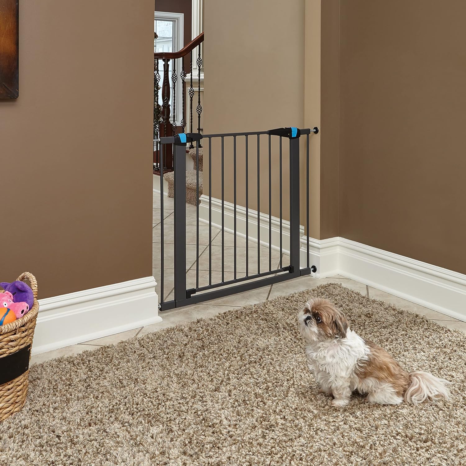 Detalle de Cancello per Animali Domestici in Acciaio con Strisce Fosforescente – Altezza 73,66 cm, espandibile fino a 96,52 cm, grafite