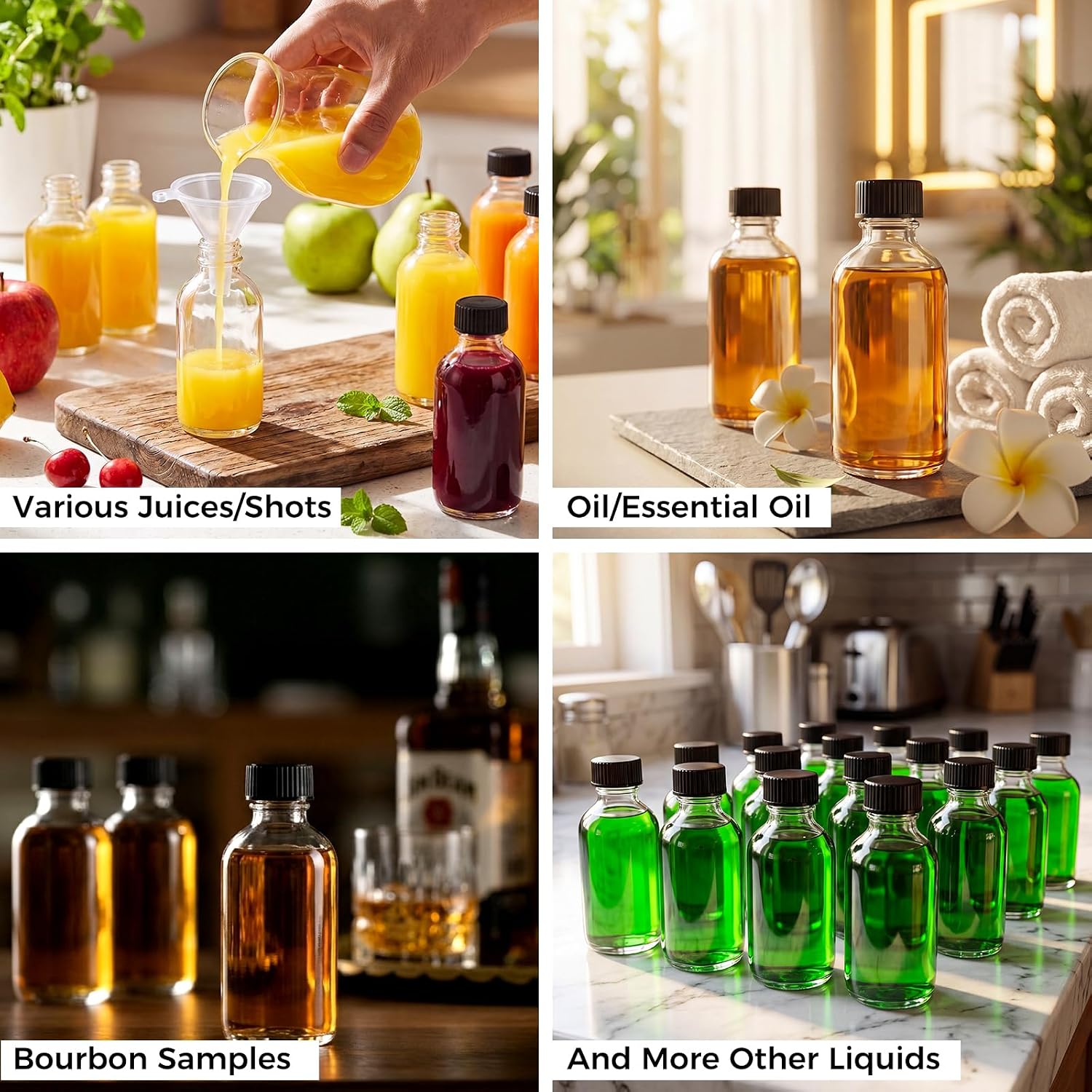 Detalle de AOZITA 16-Pack 2 oz Clear Glass Bottles with Lids & 3 Funnels – 60ml Boston Round for Health, Wellness, Travel & DIY
