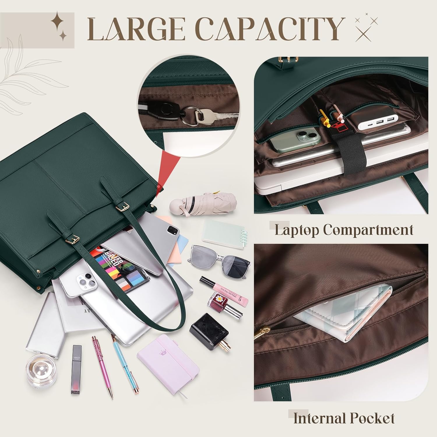 Thumbnail 5 de RAINSMORE Laptoptasche Damen mit isoliertem Lunchfach für 15,6 Zoll – wasserdichtes PU, Dunkelgrün