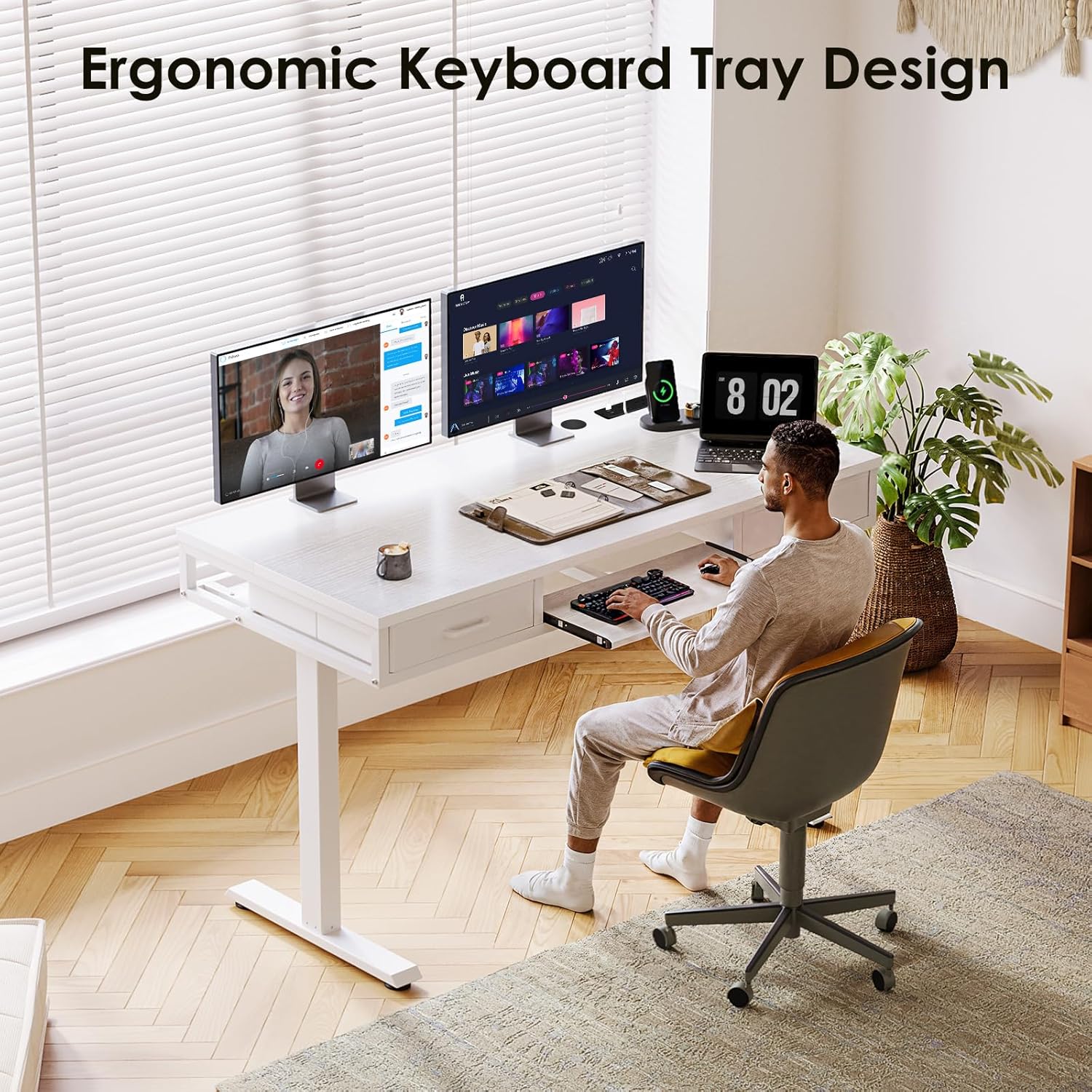 Detalle de OffiGo Height Adjustable Desk with Double Drawers – 140 cm Electric Sit-Stand Desk with Keyboard Tray and Power Sockets