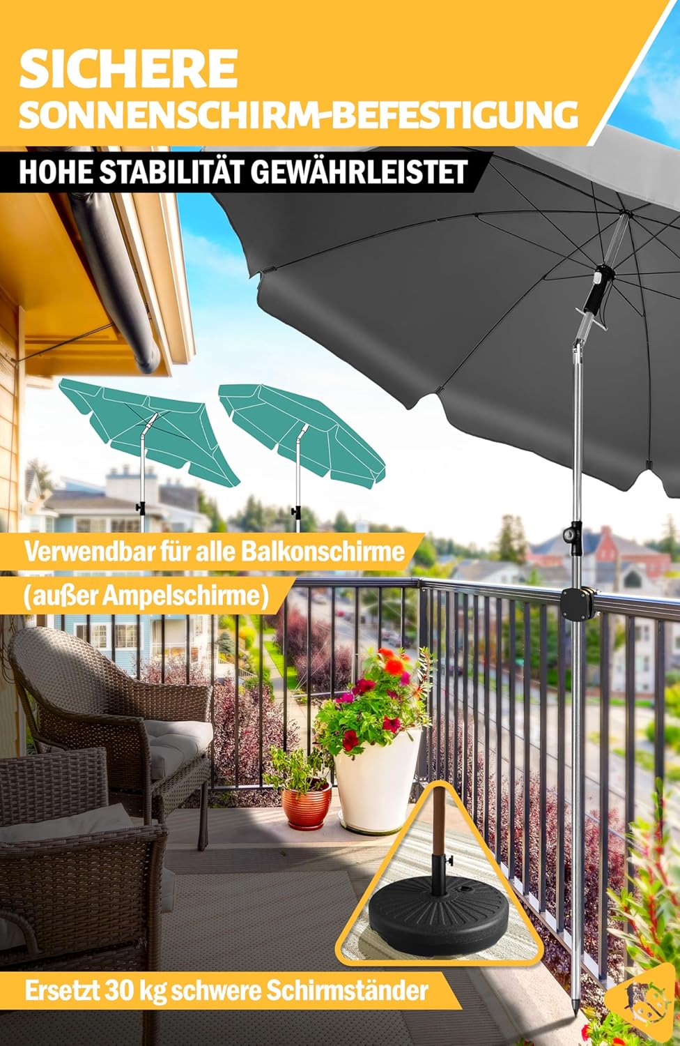 Thumbnail 2 de Menz Sonnenschirmhalter Balkongeländer SunnyBoy – kompakte Schirmhalterung für runde & eckige Geländer, flexibel montierbar (Grau)