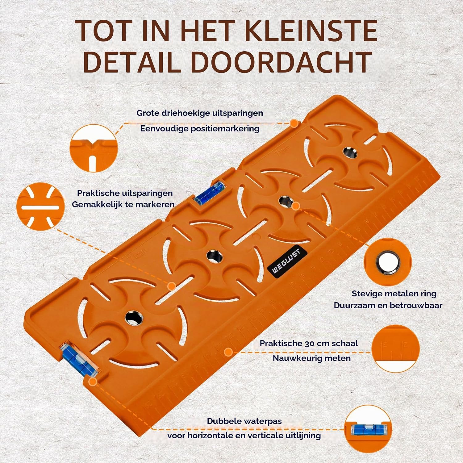 Thumbnail 2 de WEGLUST Steckdosen Schablone 202412 boorsjabloon met waterpas, 30 cm liniaal en 71 mm afstand
