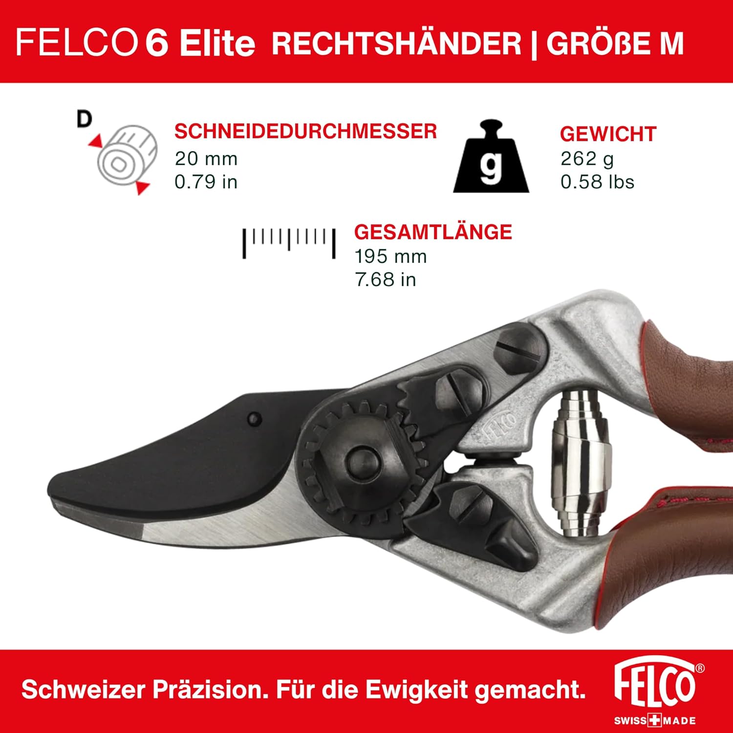 Detalle 2 de FELCO 6 ELITE Gartenschere – ergonomisch, Ledergriffe, 20 mm Schnitt, Swiss Made