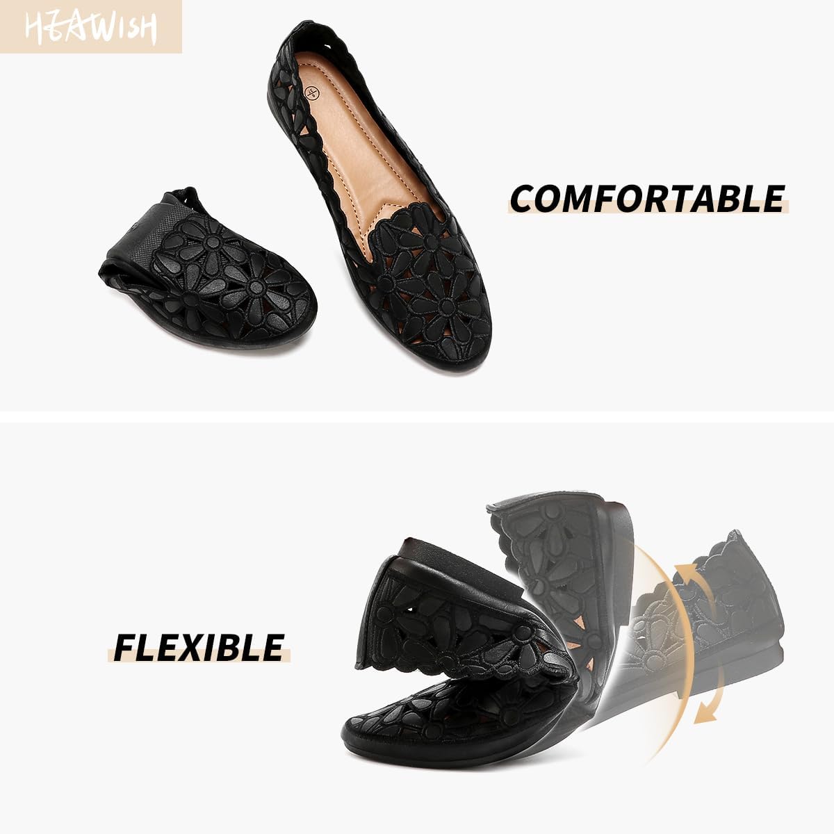 Detalle de HEAWISH Women’s Floral Ballet Flats (Black/Beige) — Slip-On Round-Toe Dress Shoes