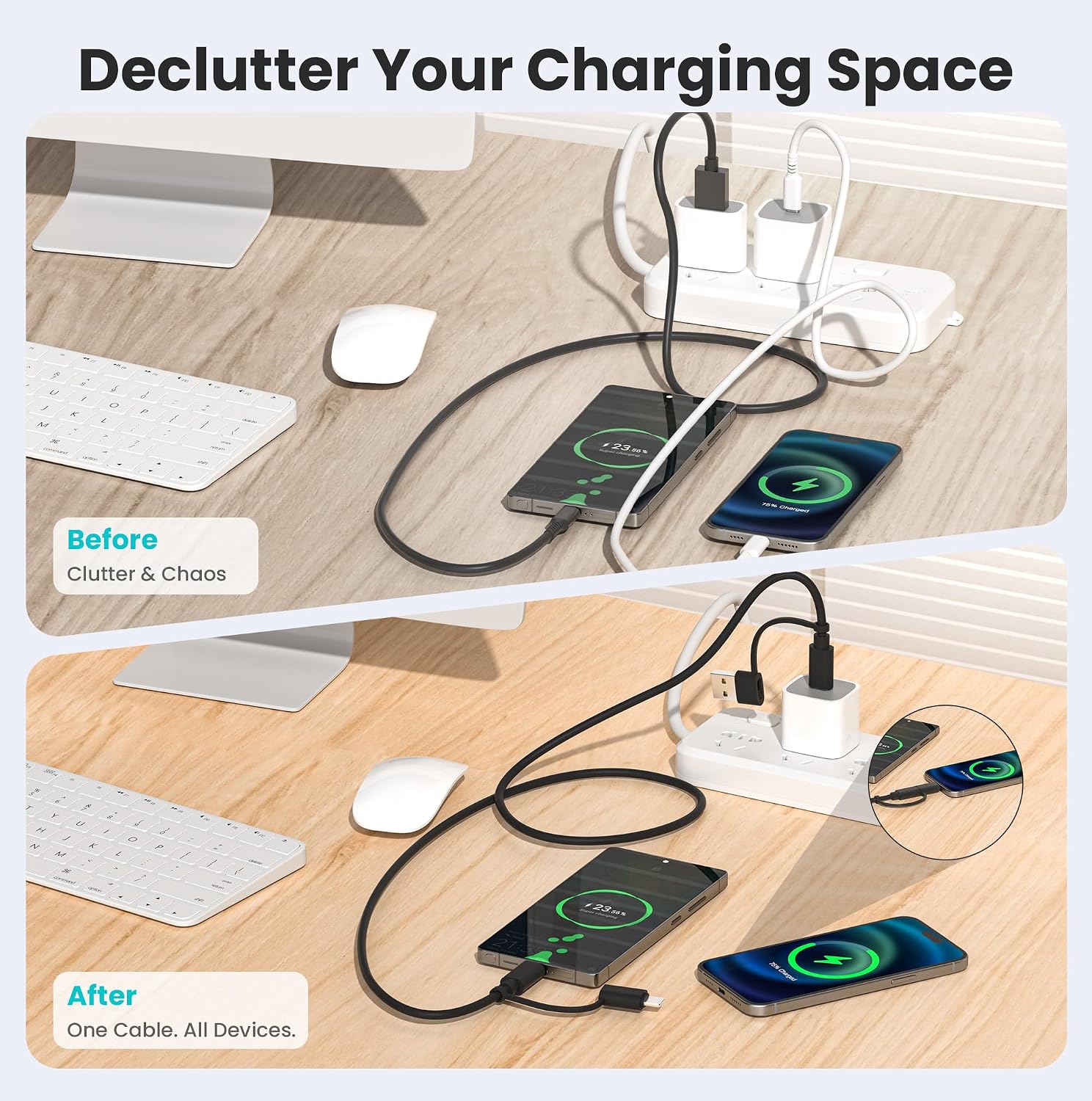 Detalle de Elebase 4-in-1 USB-C Charging Cable (2m) with USB-A/Lightning adapters for AirPods Pro and iPad