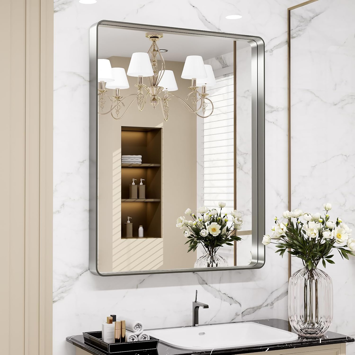 Thumbnail 6 de LOAAO 24x36 Brushed Nickel Bathroom Mirror (Rounded Rectangle) — Clear, Anti-Rust Metal Frame