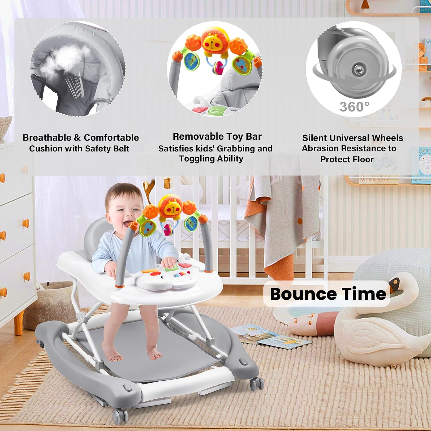 Detalle de Boyro 5-in-1 Baby Walker: 6–18 Months, 3-Position Height, Foldable with Music and Toys