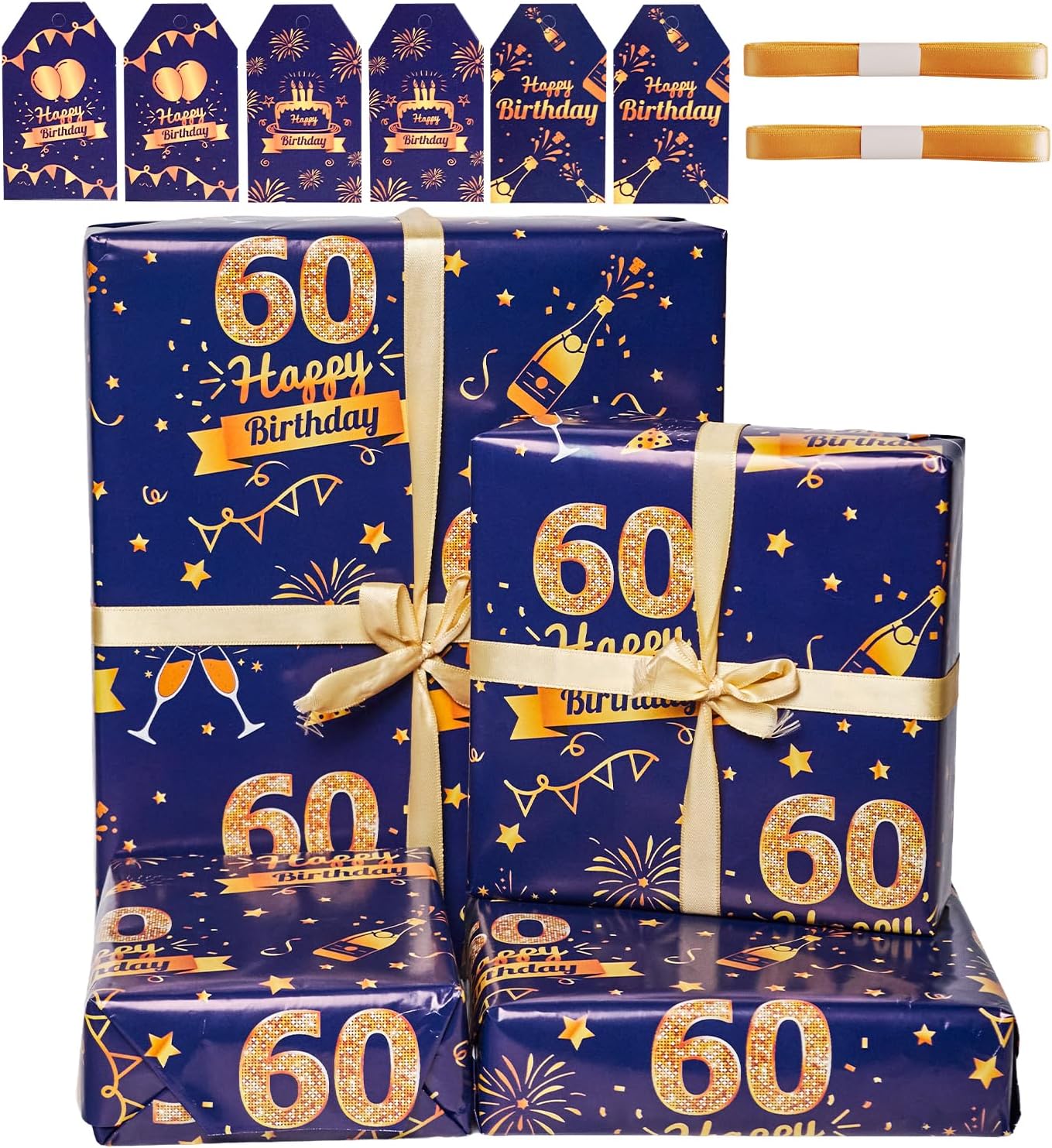 60th Birthday Wrapping Paper Set with Tags & Ribbons (Blue & Gold)