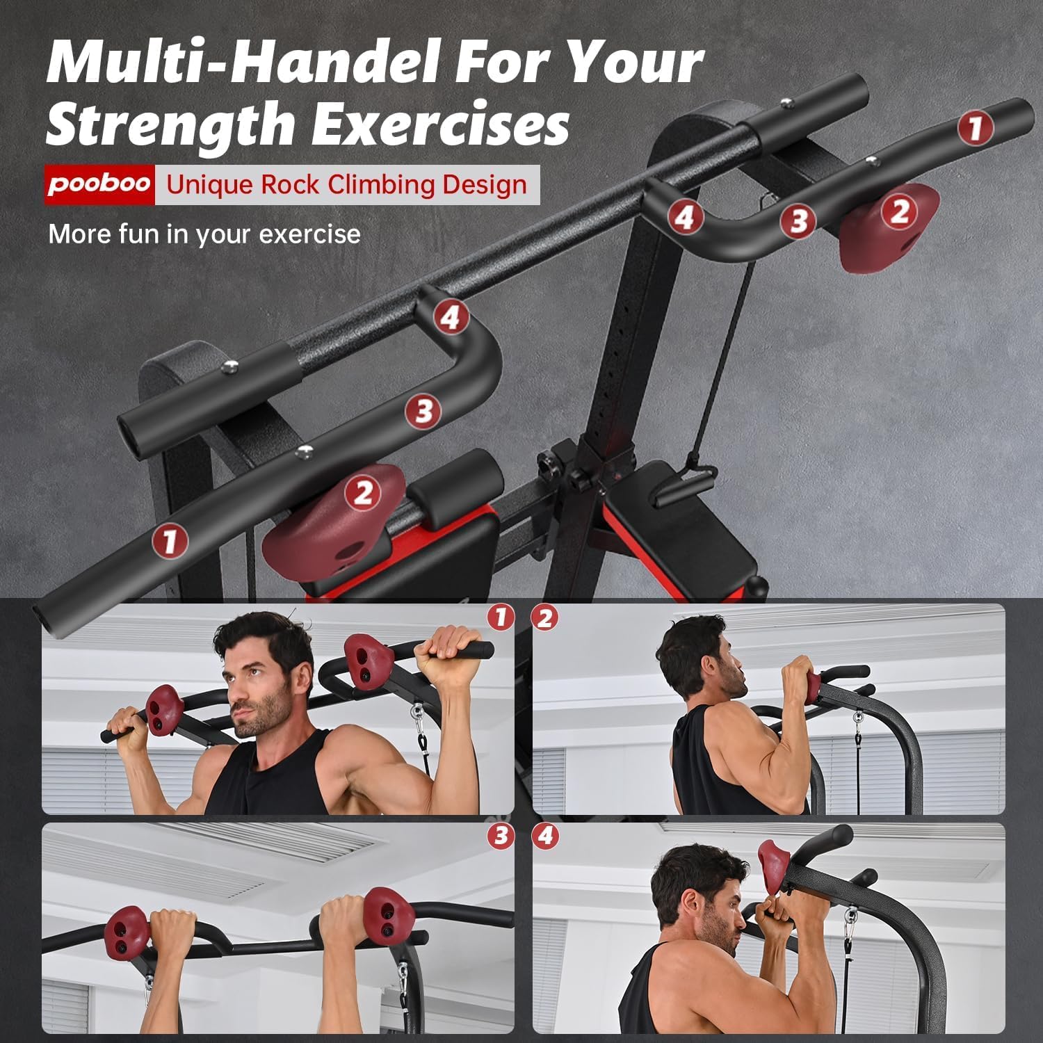 Detalle 2 de pooboo Power Tower Dip Station with 11 Height Settings and Folding Bench