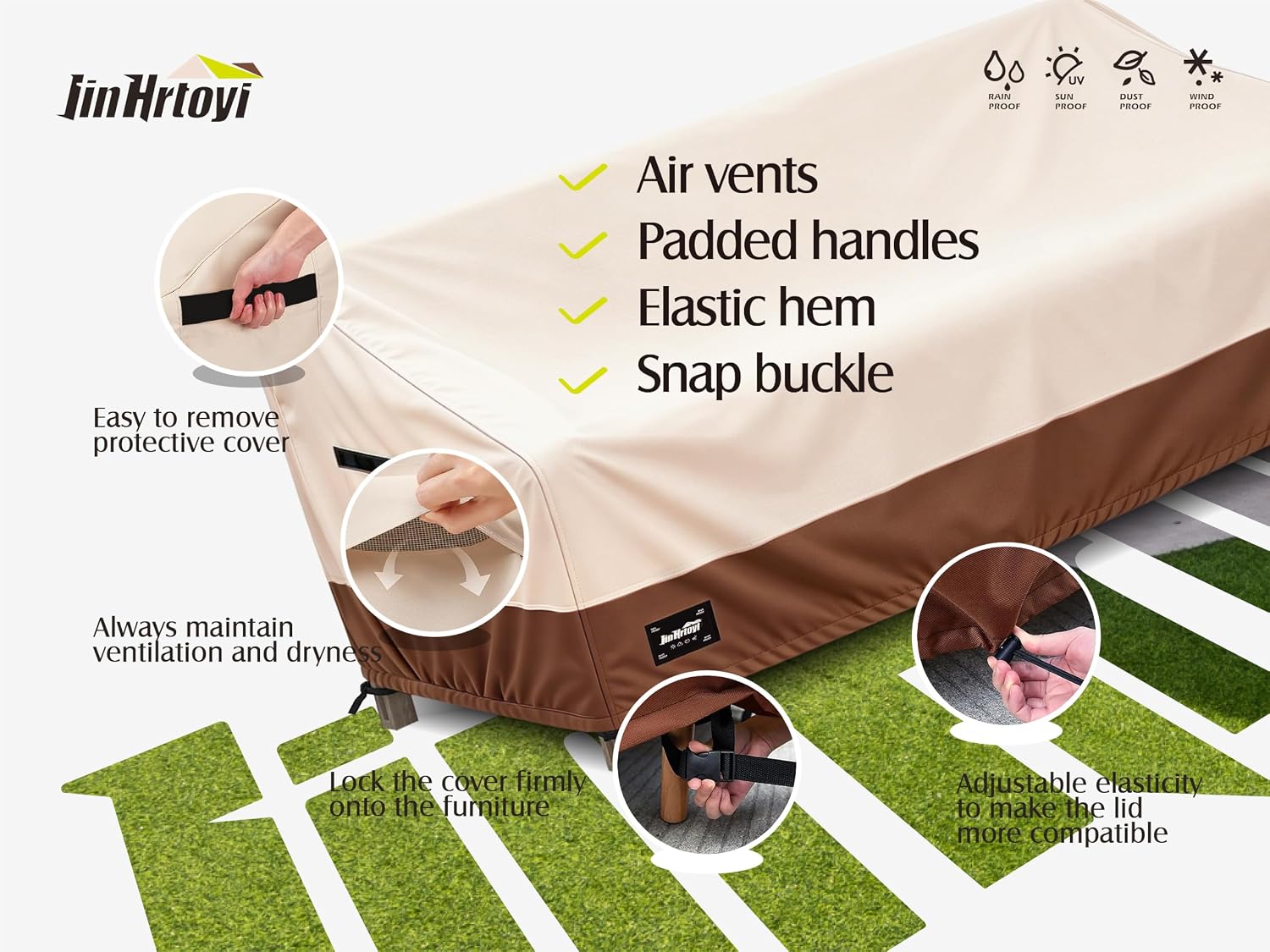 Detalle 2 de Jin Hrtoyi Furniture Covers-001 3-Seater Outdoor Sofa Cover, 600D Oxford, Beige/Brown