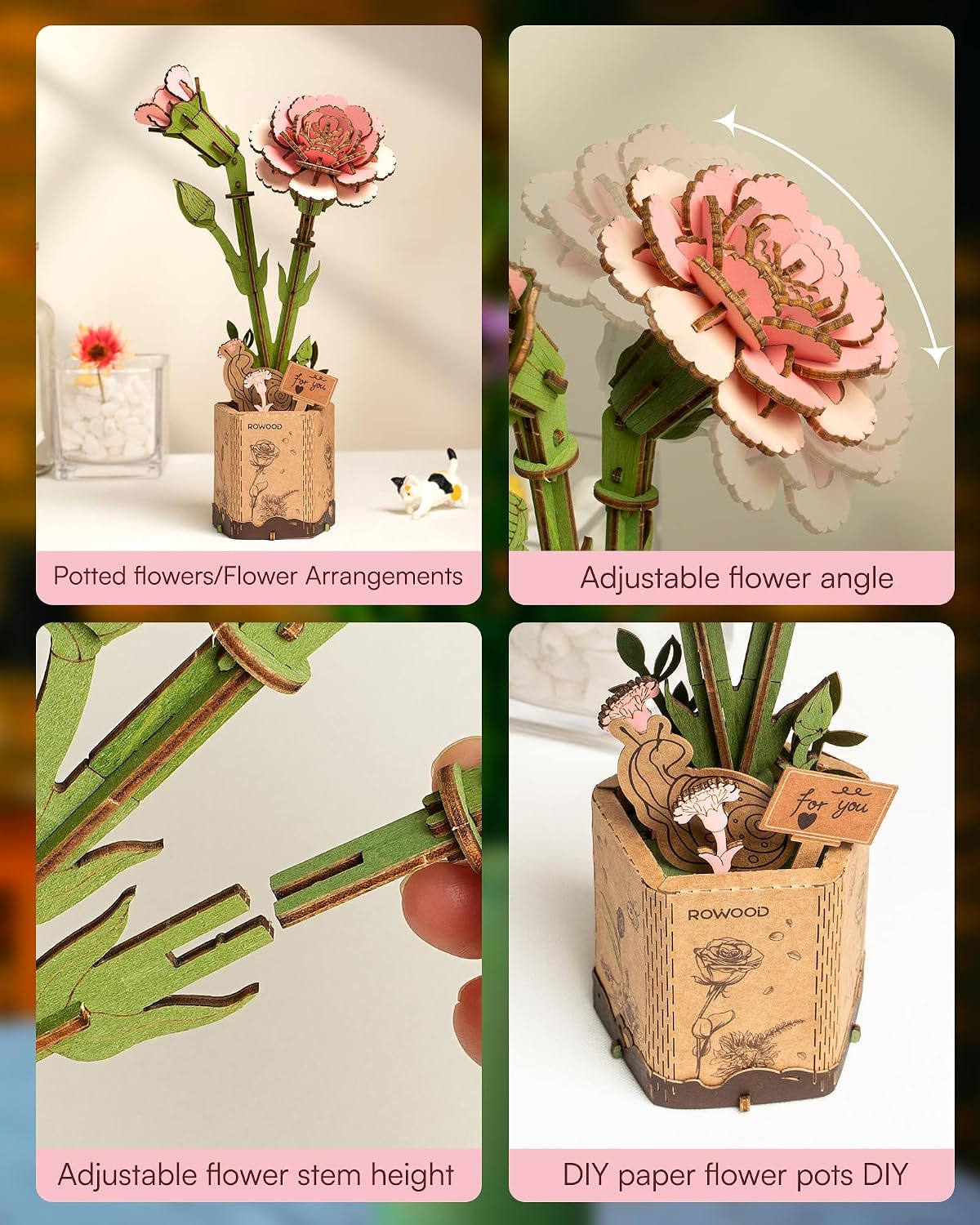 Detalle de rowood 3D Puzzle Rosa Nelke – DIY-Holzblume zum Zusammenbauen für Erwachsene
