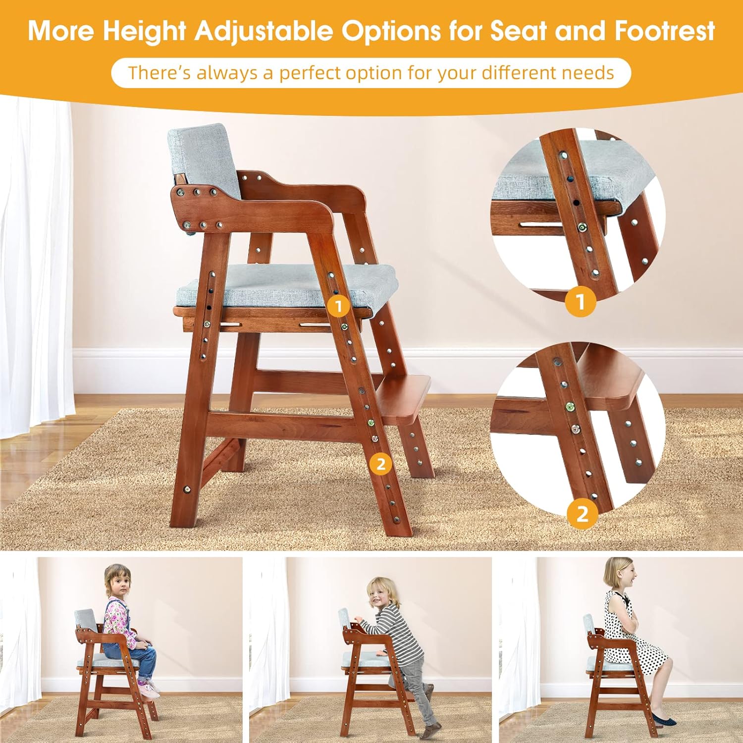 Thumbnail 2 de Ezebaby Chaise haute en bois de hêtre pour enfant (couleur Noyer) – 6 hauteurs, dossier 3 positions, jusqu’à 90 kg