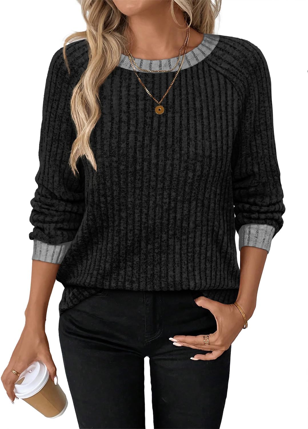 Detalle 2 de WIHOLL Women's Colour-Block Crewneck Sweatshirt, Lightweight Long Sleeve