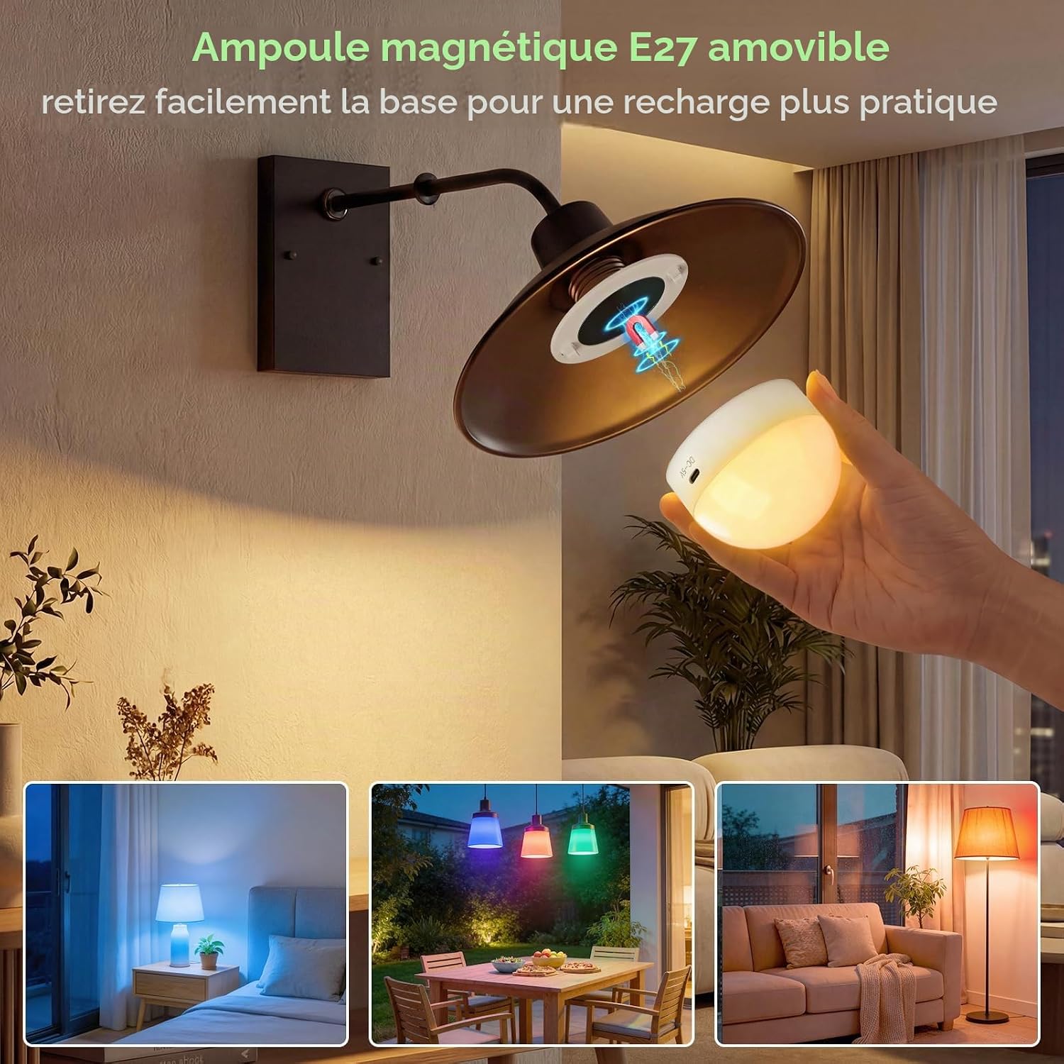 Detalle de Kimjo D0936 oplaadbare E27-ledlampen, 10 W, dimbaar en RGB met magnetische voet, 2 stuks