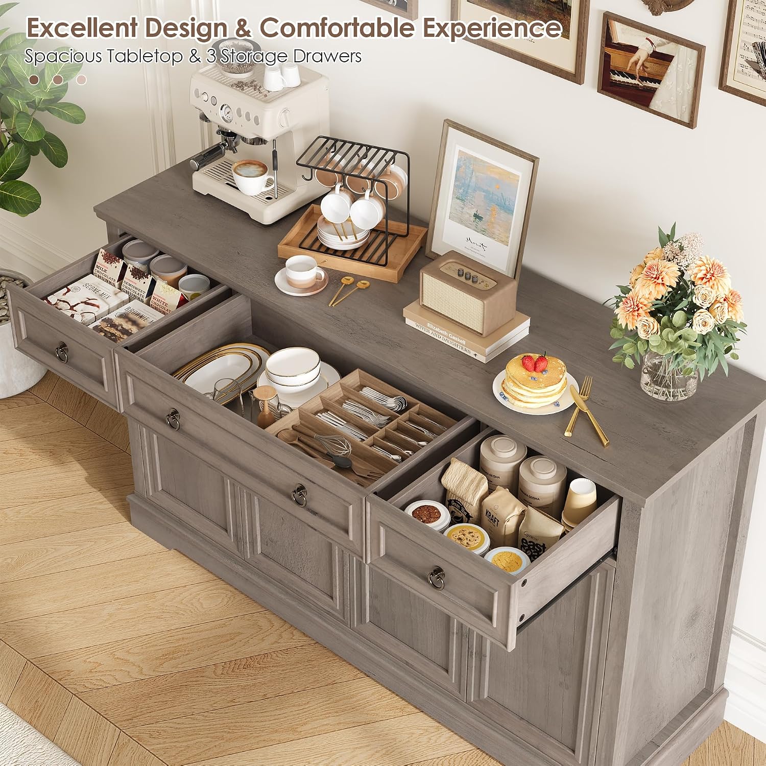 Detalle 2 de FirFurd P307 Ash Grey Sideboard, 3 Drawers, 4 Doors and Adjustable Shelf