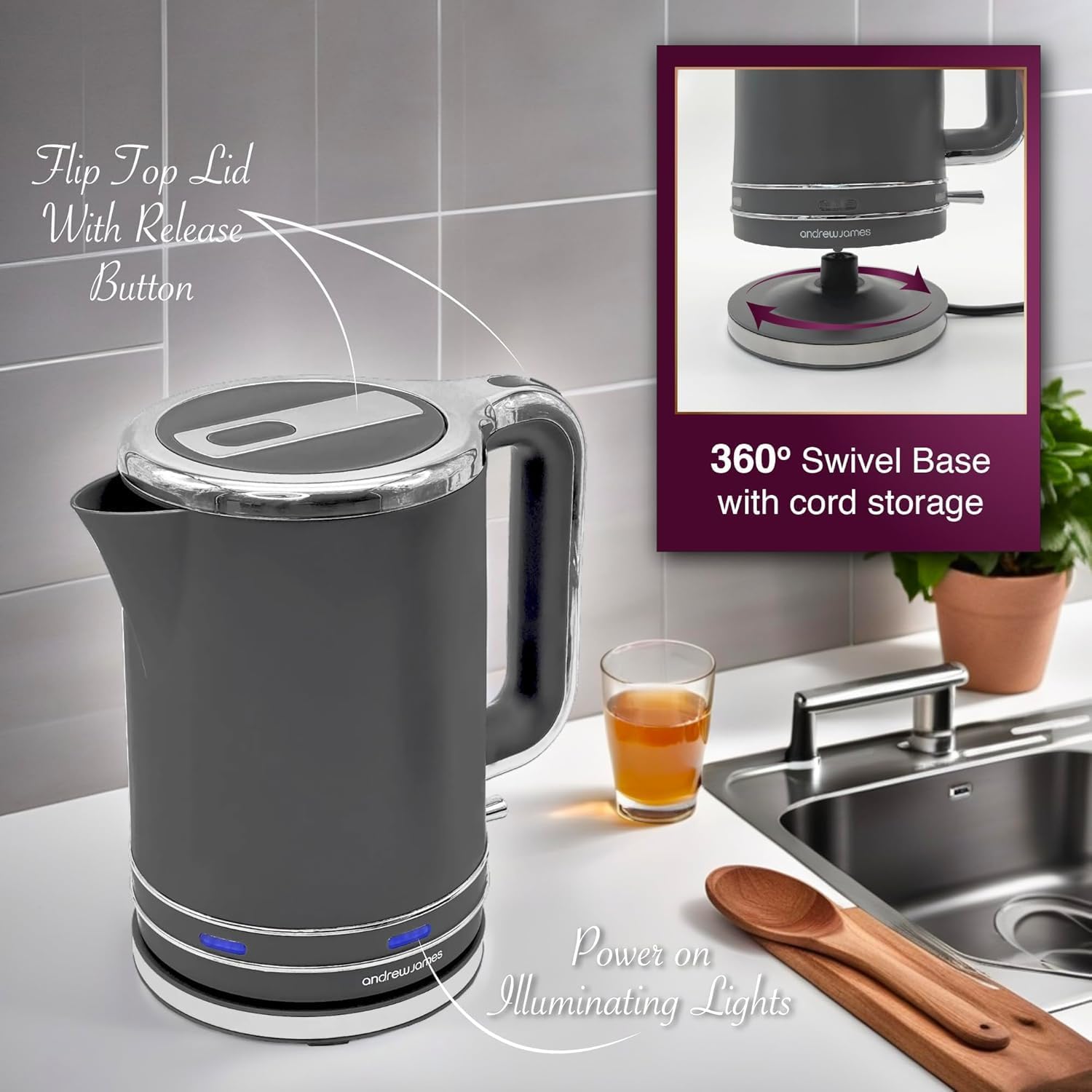 Thumbnail 5 de Andrew James Lumiglo Fast Boil Electric Kettle (Grey) 1.7L, 3000W cordless quiet boil