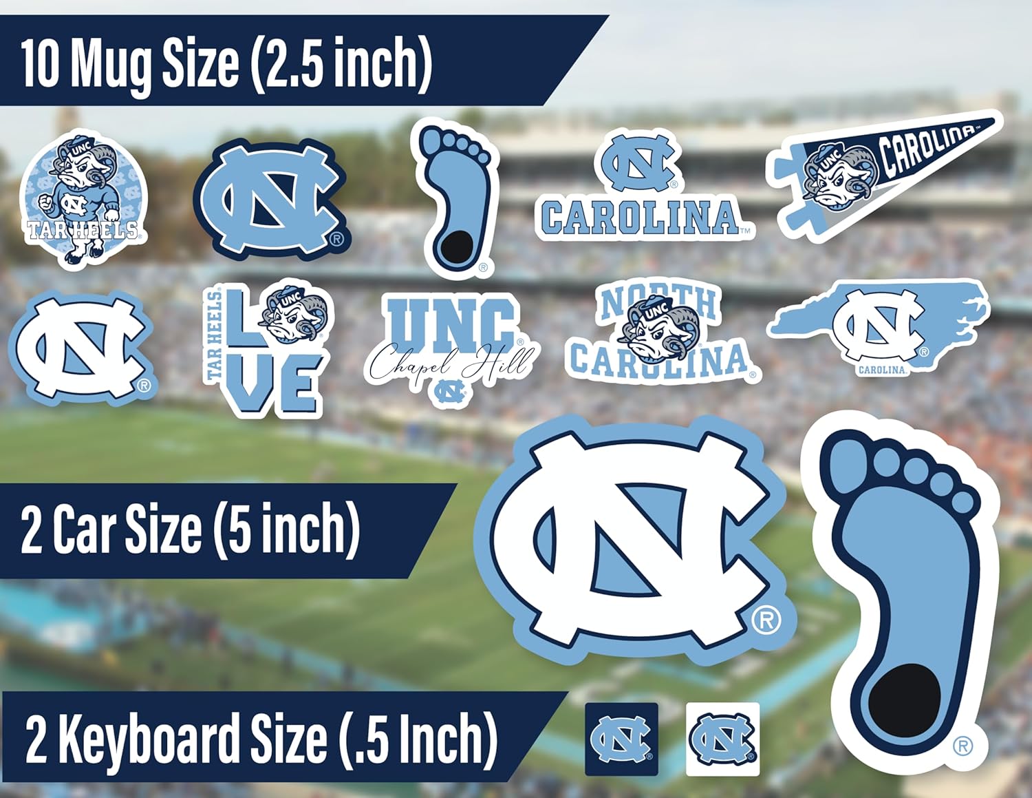 Detalle de NC Tar Heels Stickers & Decals 14 Pc Set – Car & Water Bottle