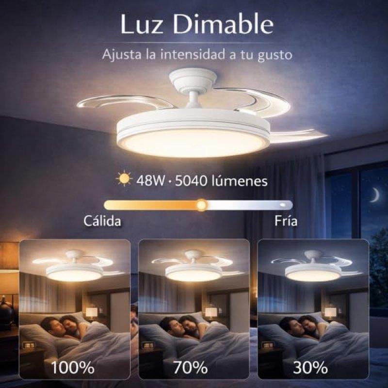 Detalle 2 de Bilake Beach Night: Ventilador de Techo LED 48W con aspas retráctiles y motor DC