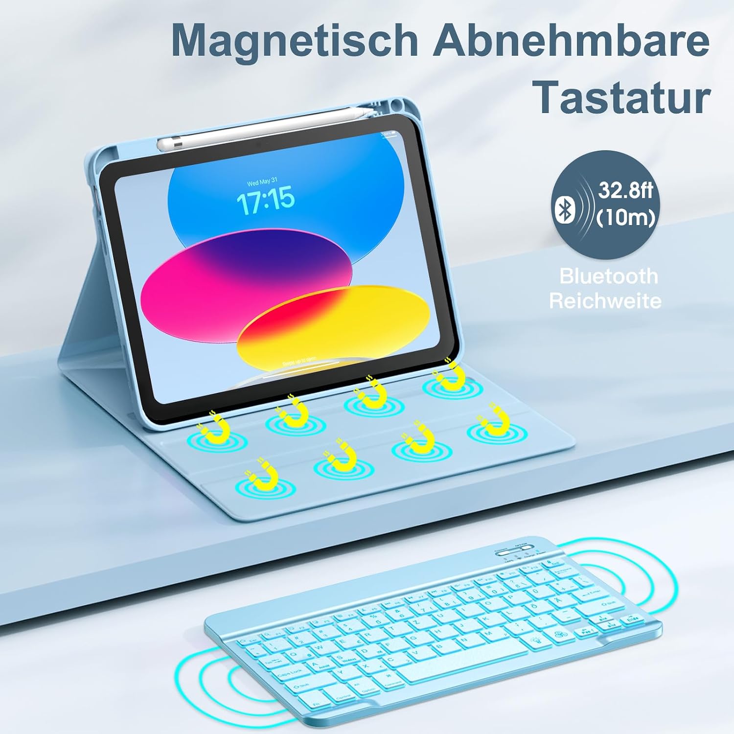 Thumbnail 3 de Vobafe Tastatur-Hülle für iPad A16 (11 Zoll, A3354/A3355/A3356) & iPad 10. Gen (10,9 Zoll) – beleuchtet, abnehmbar, 7 Farben