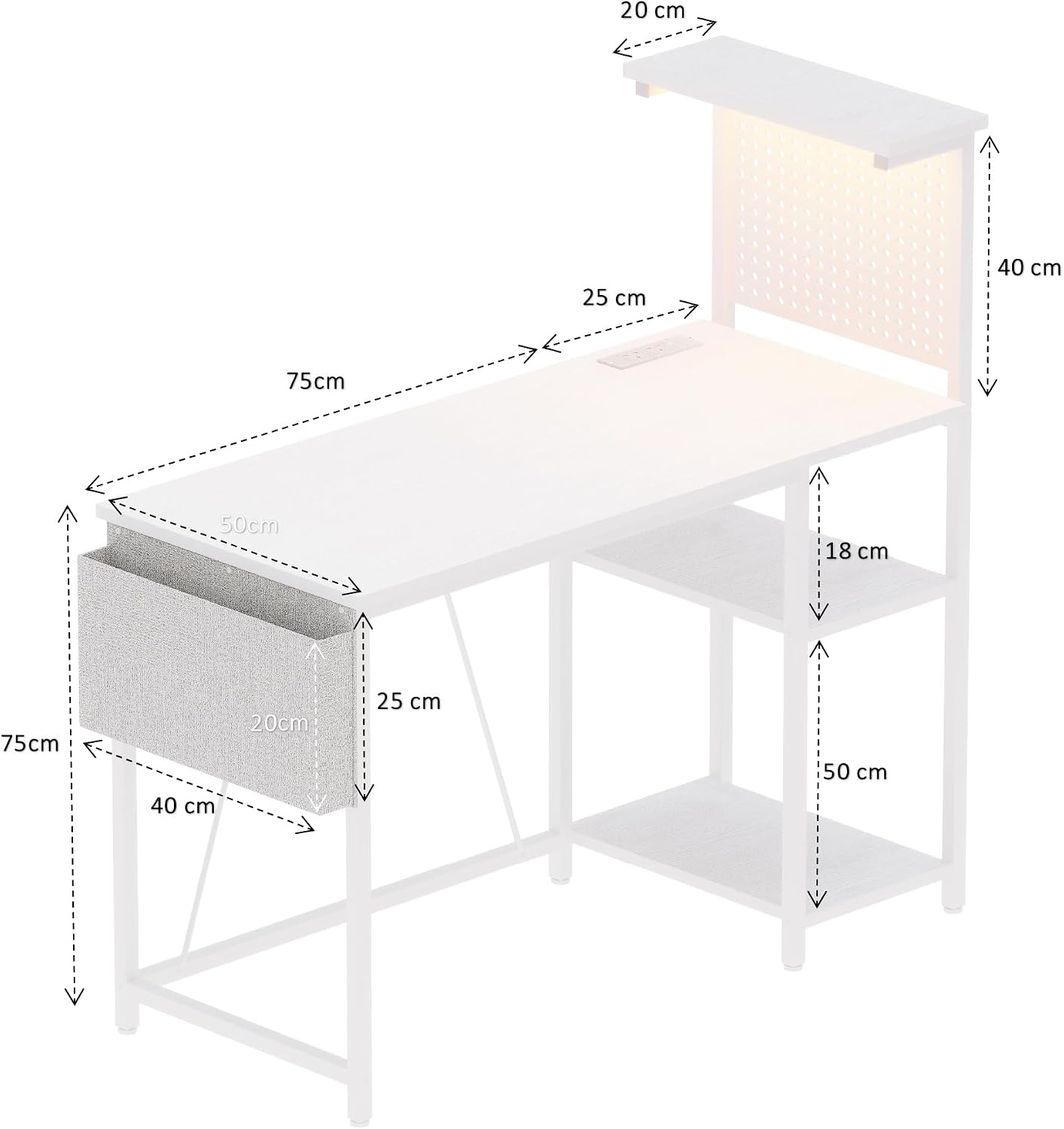 Thumbnail 2 de Xyphren Gaming Desk with Pegboard, Power Hub and LED Light – 100 × 50 cm, White