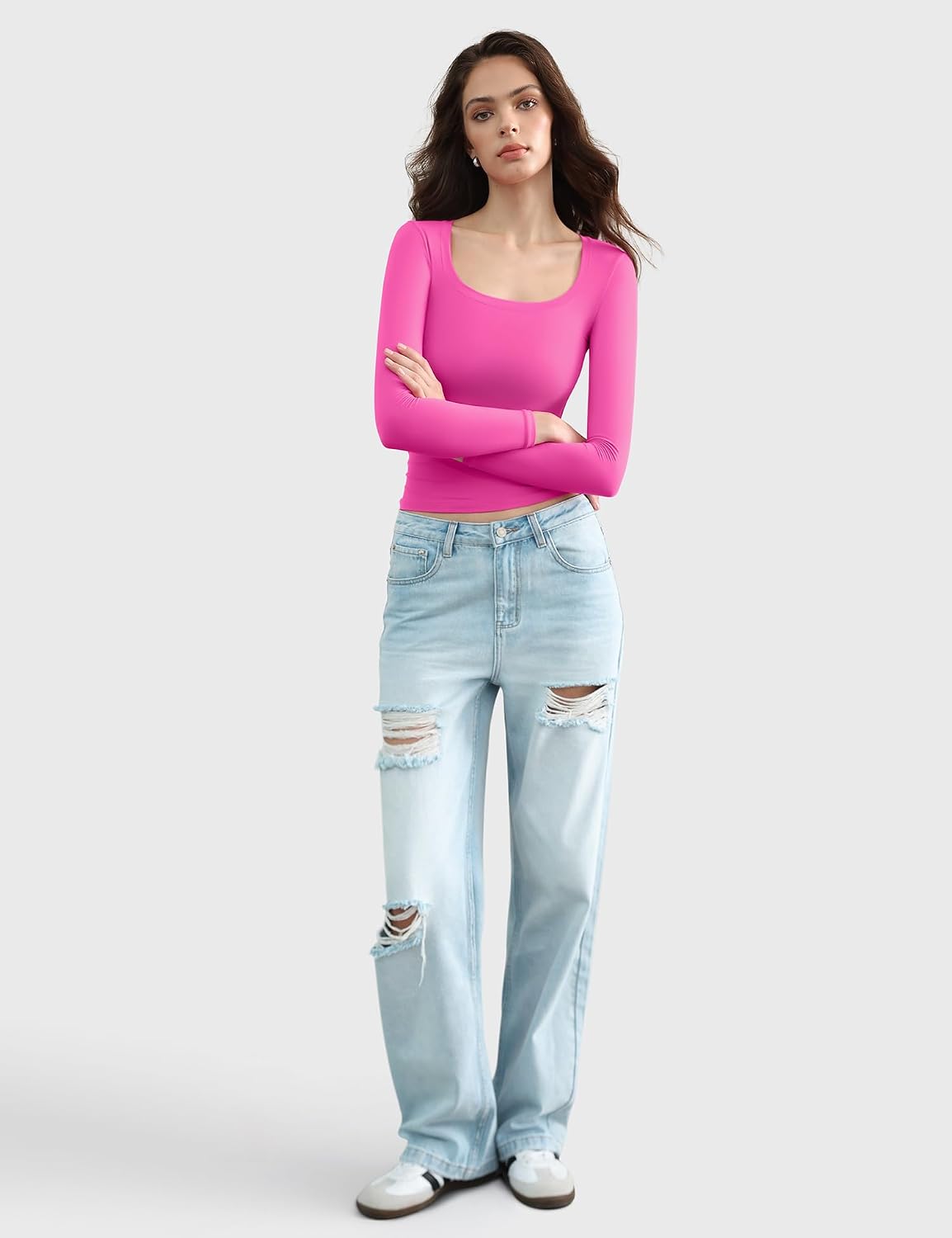 Detalle de PUMIEY Smoke Cloud Women's Long Sleeve Scoop Neck Tee, Double-Lined Slim Fit