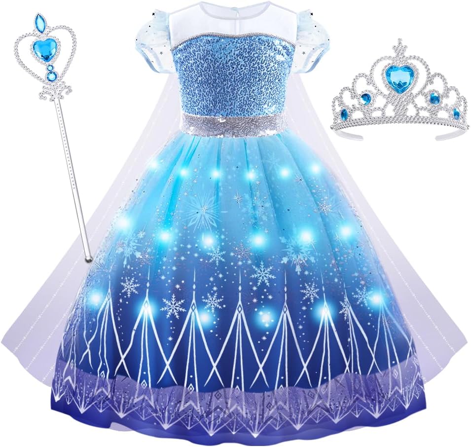 AUYAO Vestito Principessa LED per bambine – Gonna a tulle, mantello blu viola e accessori incluso