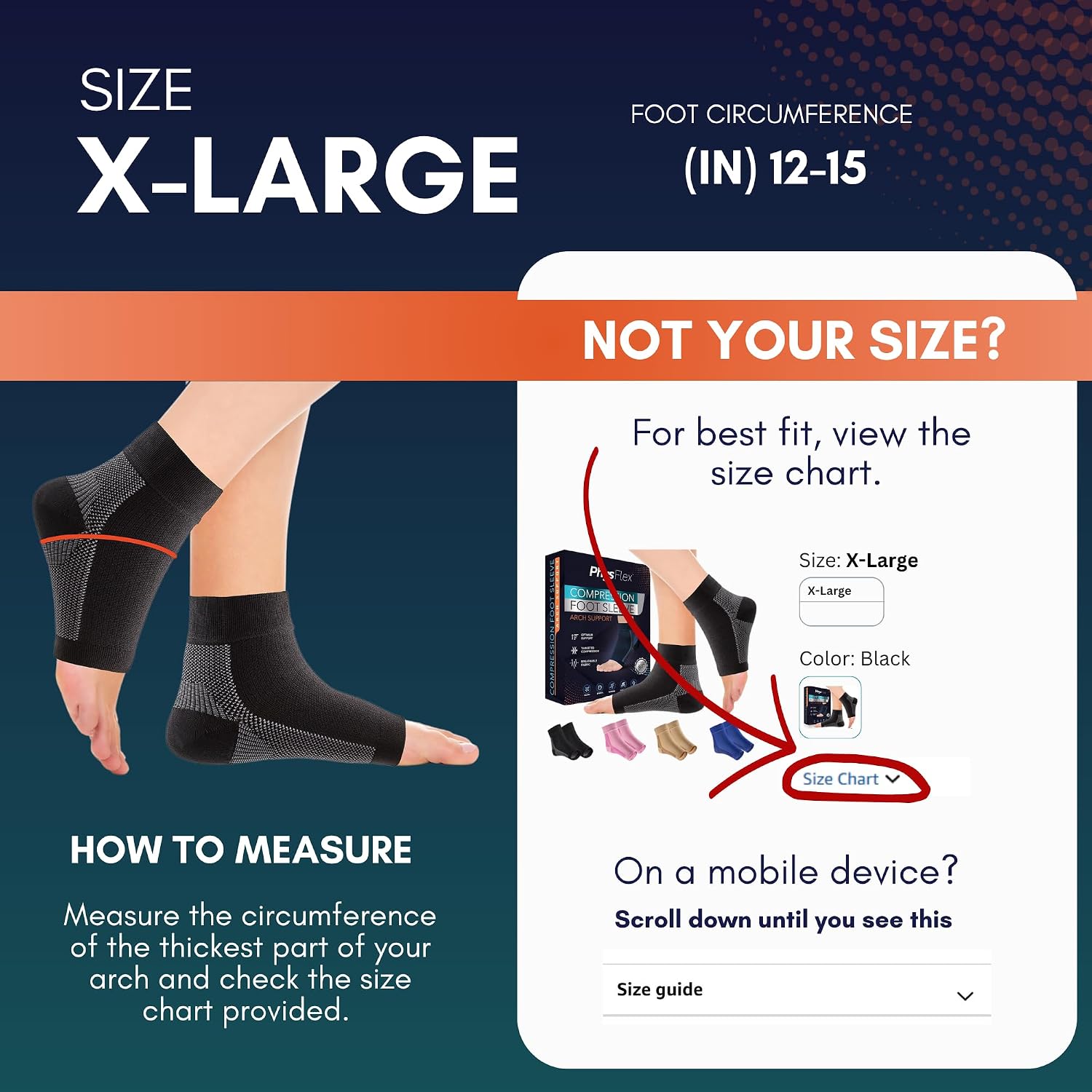 Detalle 1 de PhysFlex Compression Socks, X-Large, 20–30 mmHg Arch Support