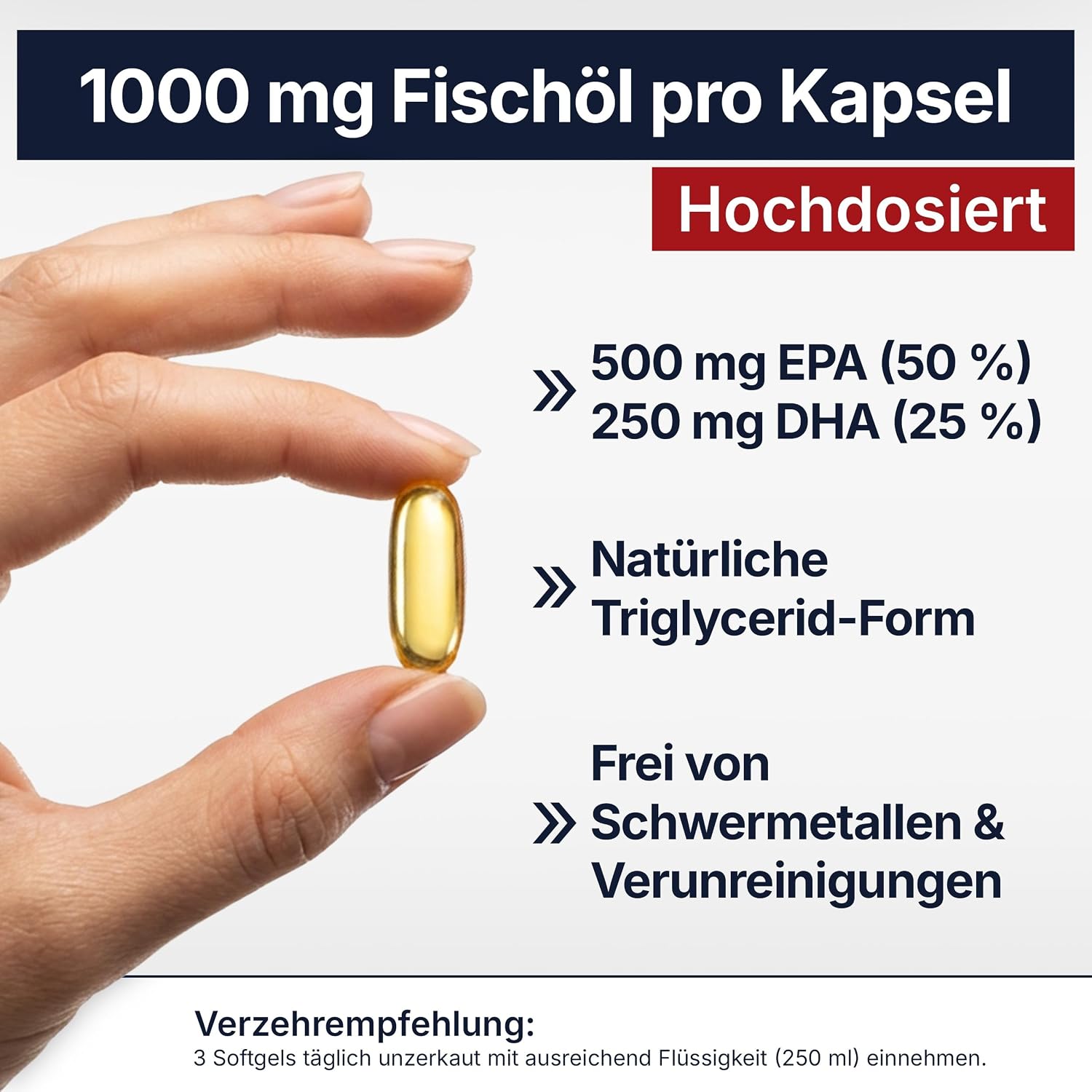 Detalle de Omega 3 Pro – Premium Fischöl 2250 mg pro Tagesdosis (1500 mg EPA / 750 mg DHA) in Triglycerid-Form, 60 Kapseln