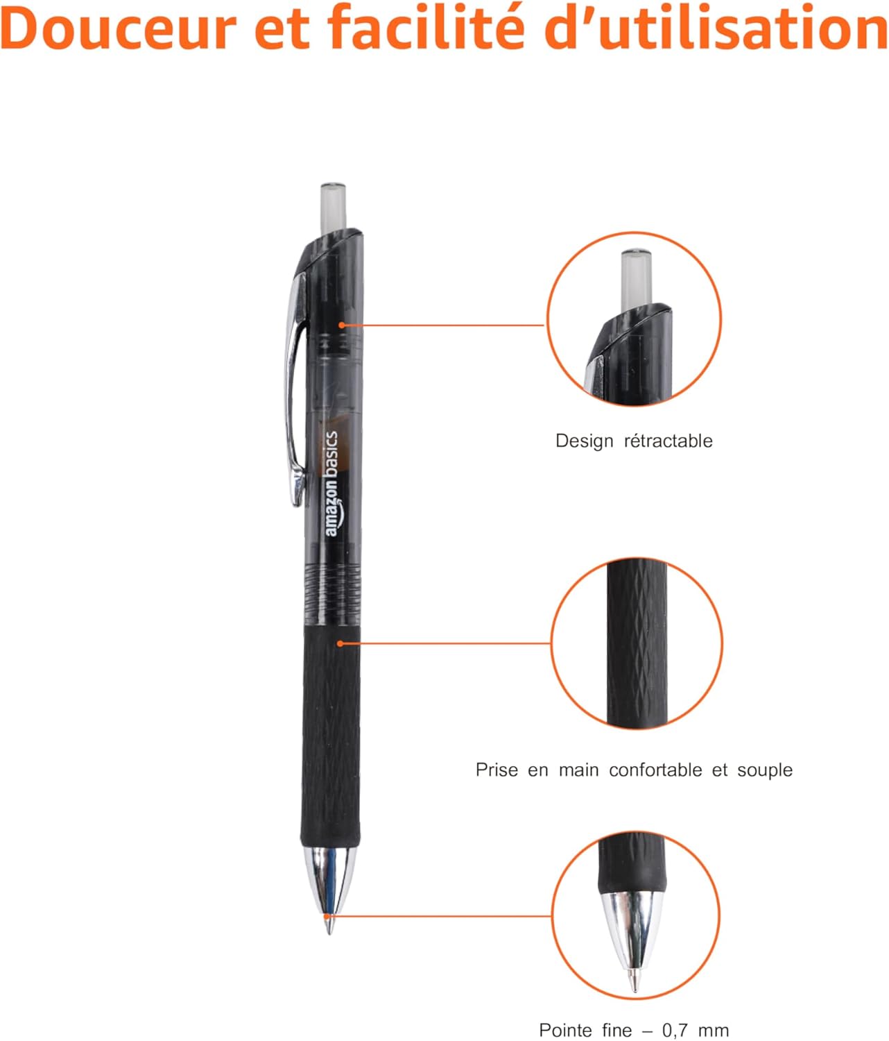 Thumbnail 3 de Amazon Basics Gel Pens Fine Point 0,7 mm – Retráctiles, negro, 12 unités