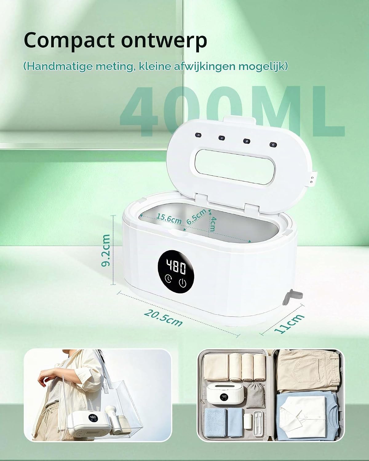 Detalle de Ultrasone reiniger 350 ml met 50 kHz, UV-licht en vijf timerstanden