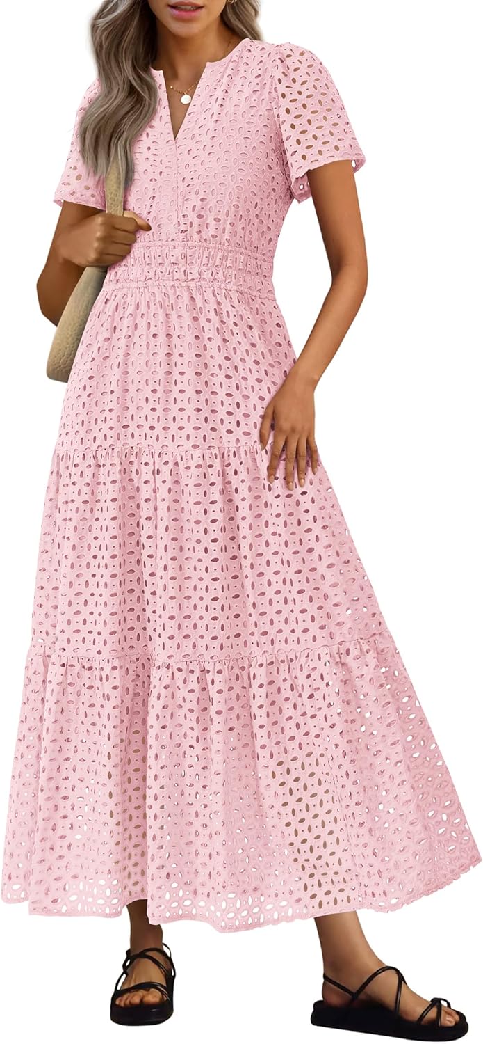 Detalle de PRETTYGARDEN Womens 2026 Summer Maxi Dress with Eyelet and V-Neck