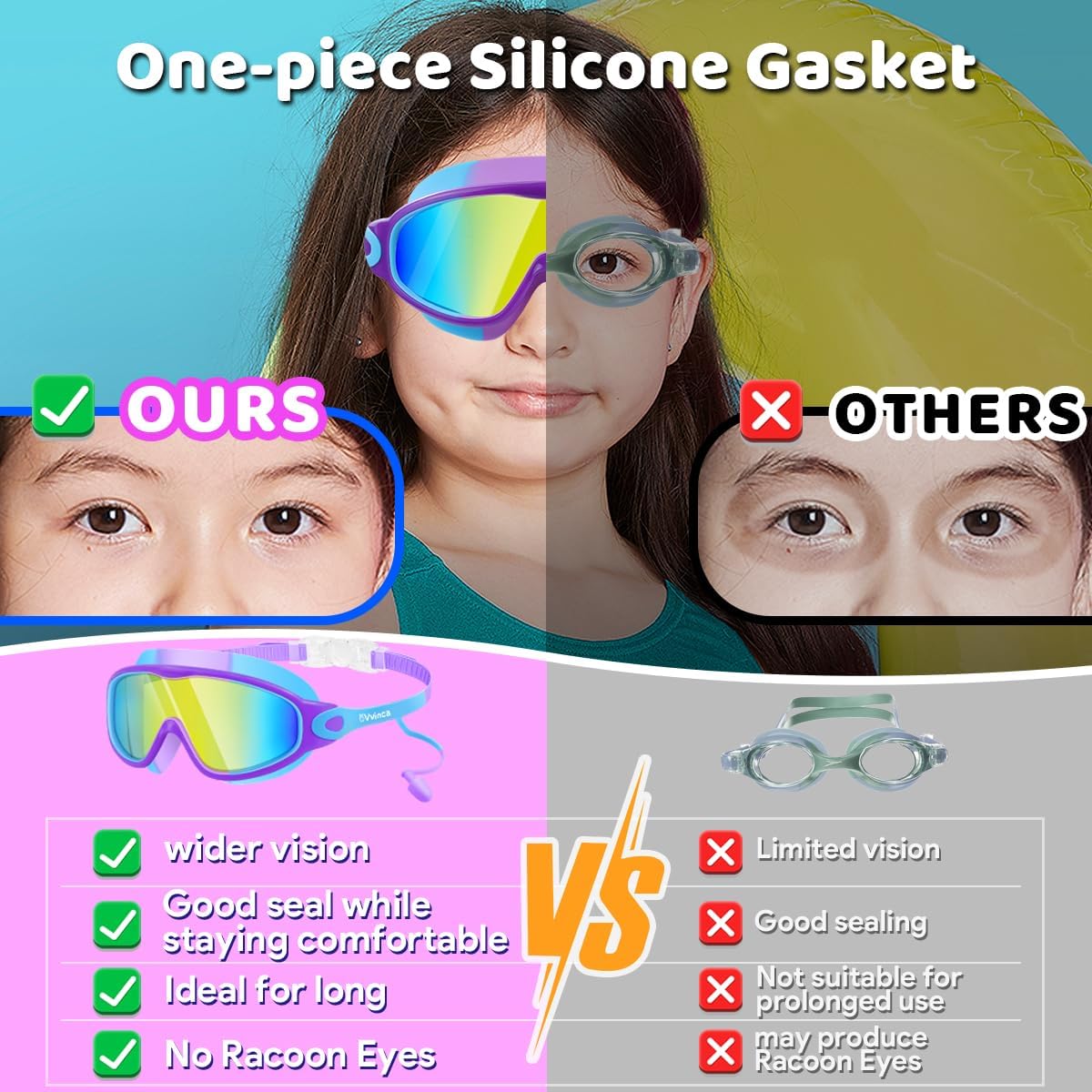 Thumbnail 4 de Vvinca Kids Swimming Goggles (2 Pack) with Earplugs, Nose Clip, Anti-Fog & UV Protection for Ages 3–15