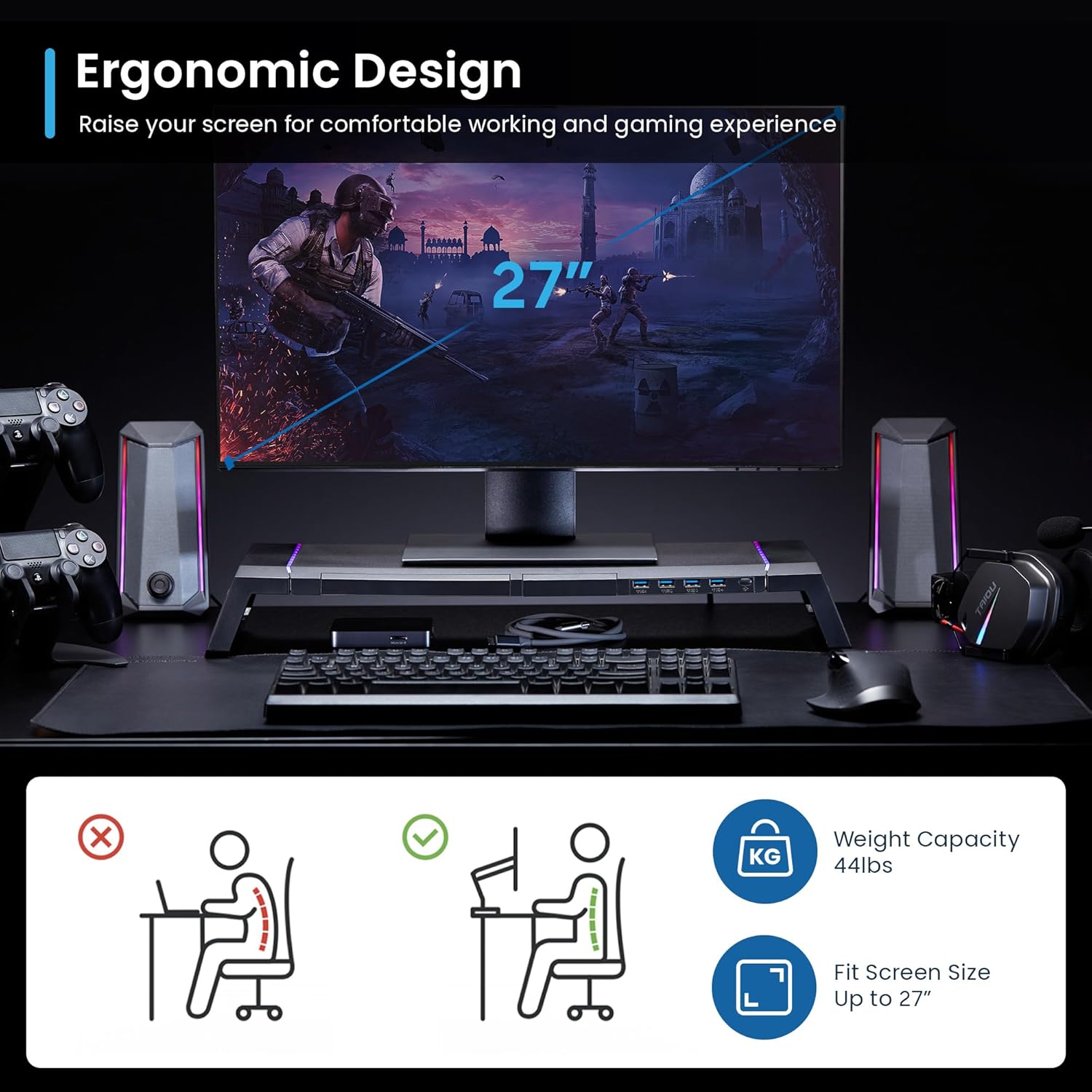 Thumbnail 3 de EW1268: Supporto per Monitor RGB con cassetto e hub USB 4 porte – fino a 27'' e 20 kg