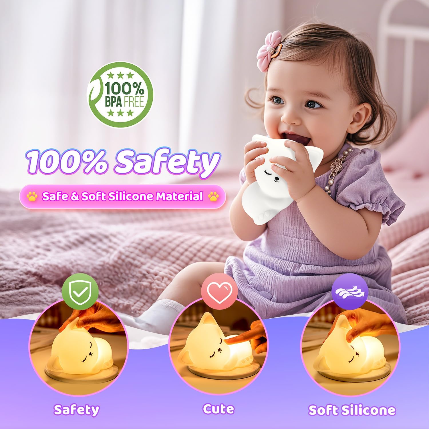 Thumbnail 4 de Nachtlicht Kinder Nachtlicht Baby mit 16 Farben, dimmbar und Fernsteuerung – USB-wiederaufladbare Katzen-Nachttischlampe