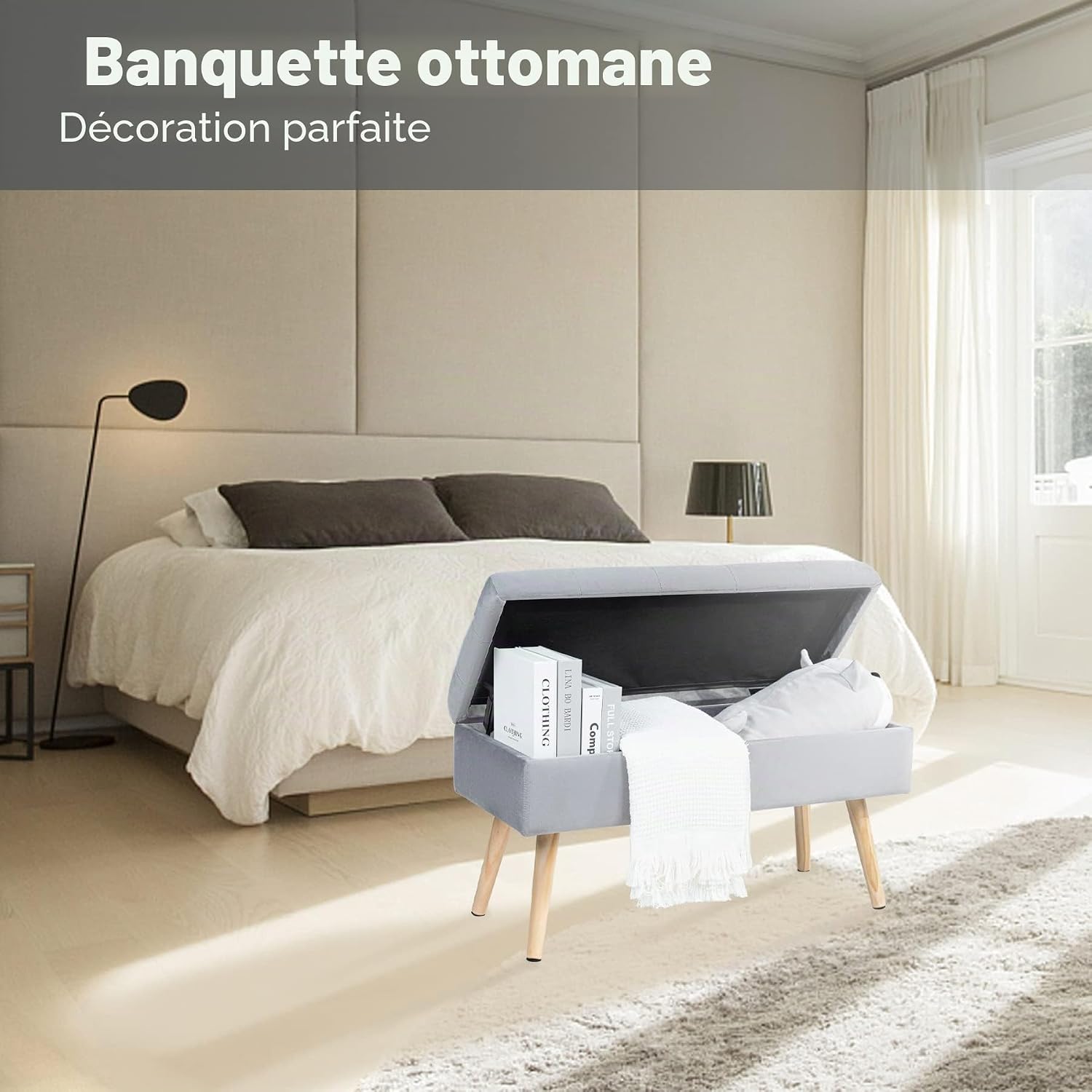 Thumbnail 2 de Hawthyhome Banc avec Espace de Rangement 80 × 35 × 43 cm, Gris – Velours et piètements bois