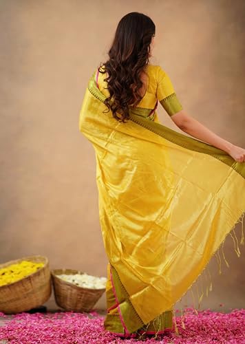Detalle de TRENDMALLS K1142-Yellow Women's Tissue Cotton Handloom Saree
