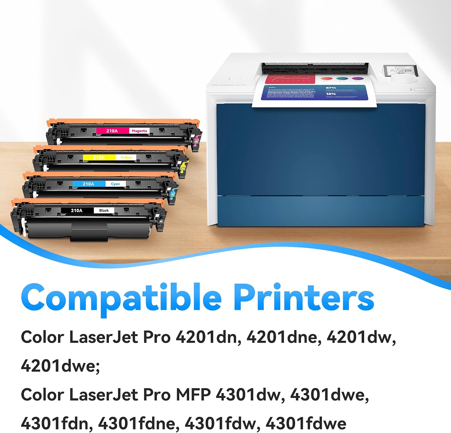 Detalle 2 de HP 210A Toner Cartridges 4 Pack (W2100A/W2101A/W2102A/W2103A) – Compatible for Color LaserJet Pro 4301/4201 Series