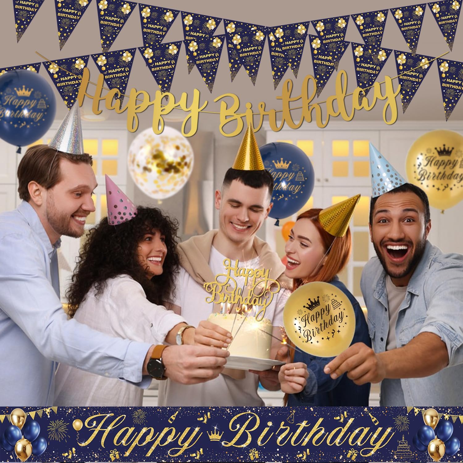 Thumbnail 3 de Birthday Decorations for Men – Blue & Gold Party Set with Happy Birthday Banner