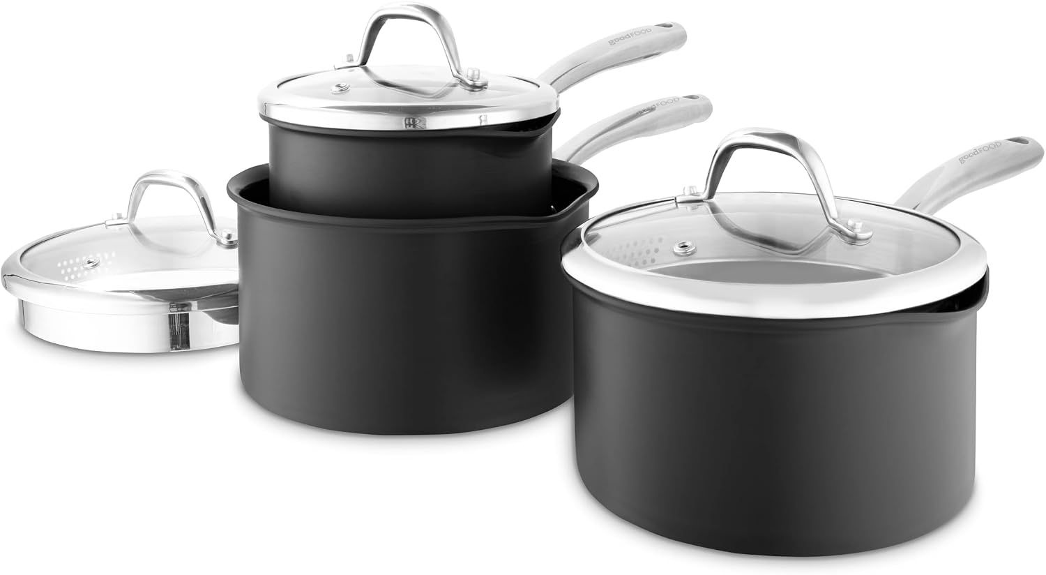 Detalle de Good Food in Partnership with Tower Hard Anodised 3 Piece Saucepan Set (16cm, 18cm & 20cm) with Tempered Glass Lids