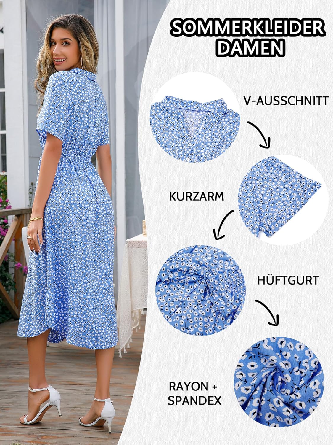 Thumbnail 3 de Livonmone Sommerkleid Damen mit V-Ausschnitt, Blumendruck und Gürtel – kurzarm, mit Knopfleiste