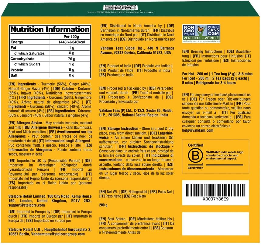 Detalle de VAHDAM Tisana Allo Zenzero e Curcuma (100 Bustine Piramidali) Senza Caffeina
