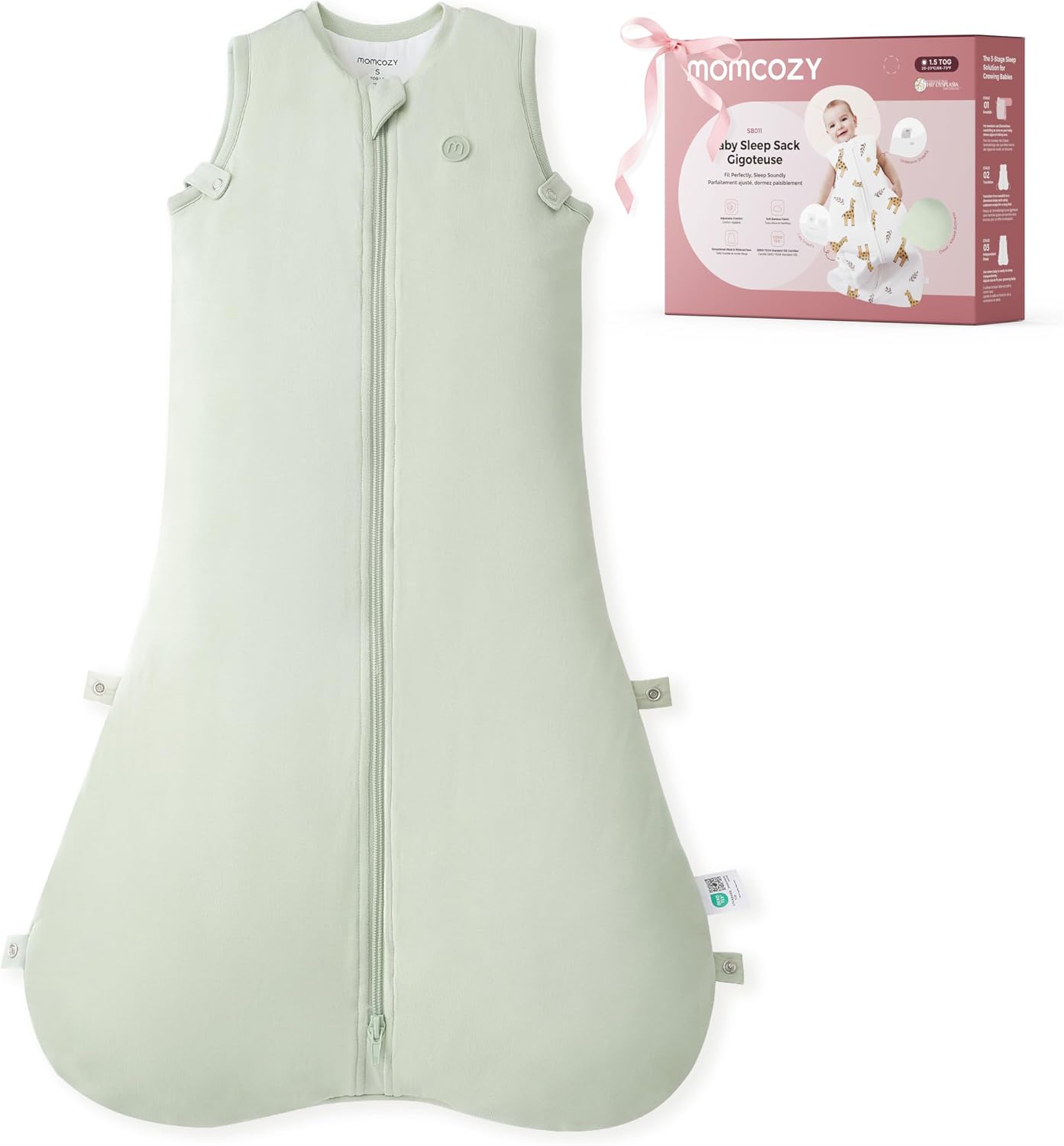 Detalle de momcozy Baby Sleeping Bag 0–6 Months 1.5 TOG Bamboo Green (Snap-fit, Two-Way Zip) – S