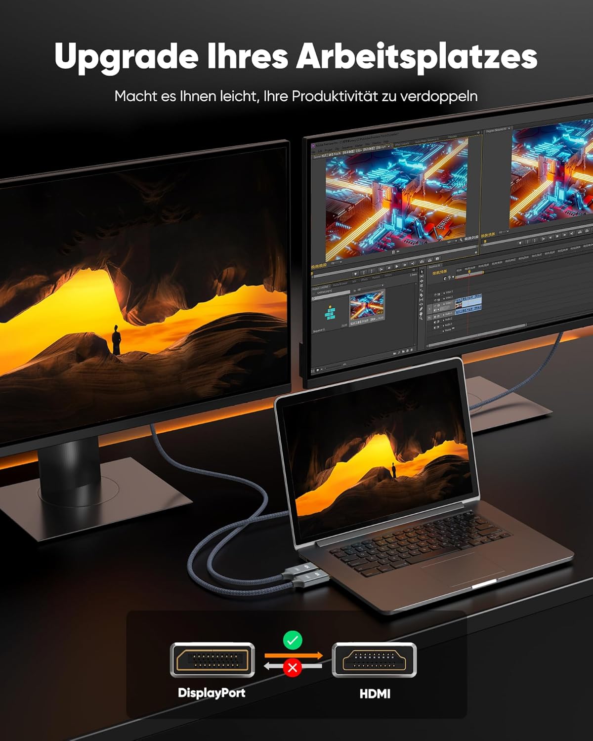 Thumbnail 3 de Snowkids DisplayPort-zu-HDMI-Kabel (DP auf HDMI) 4K, 1 m – einseitig, Plug & Play