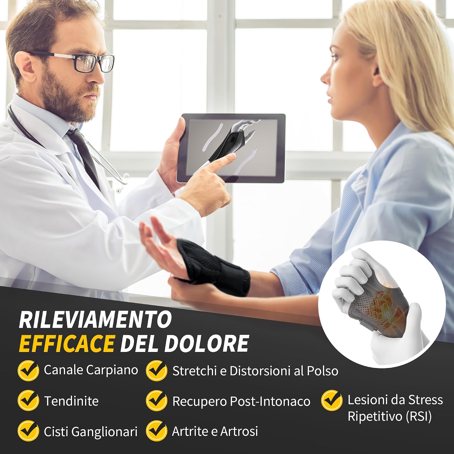 Detalle de CAMBIVO Tutore Polso con 2 Stecche in PE: polsiera ortopedica regolabile in neoprene traspirante