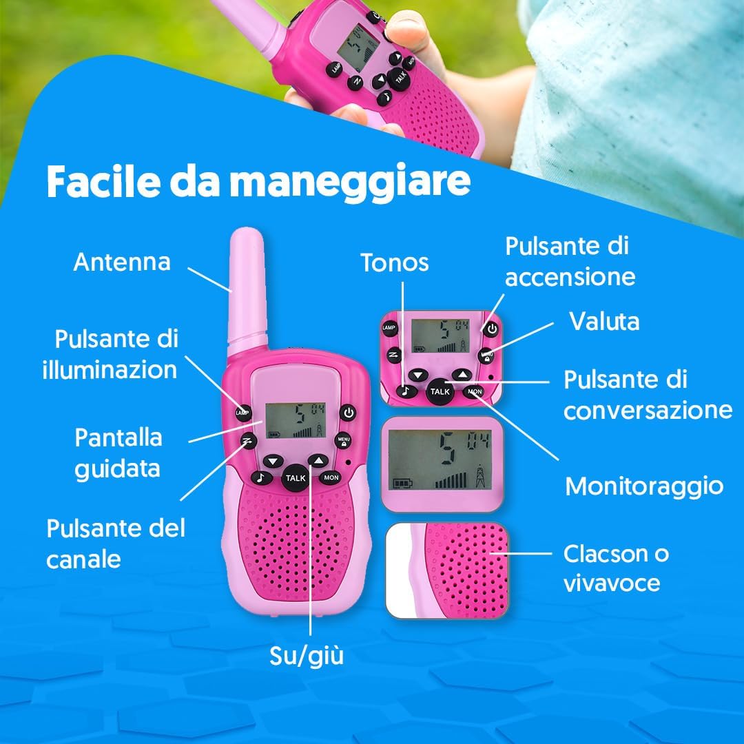 Thumbnail 6 de NK Walkie-Talkie per bambini 4-9 anni con batterie incluse, 22 canali e torcia LED (rosa/viola), portata fino a 3 km